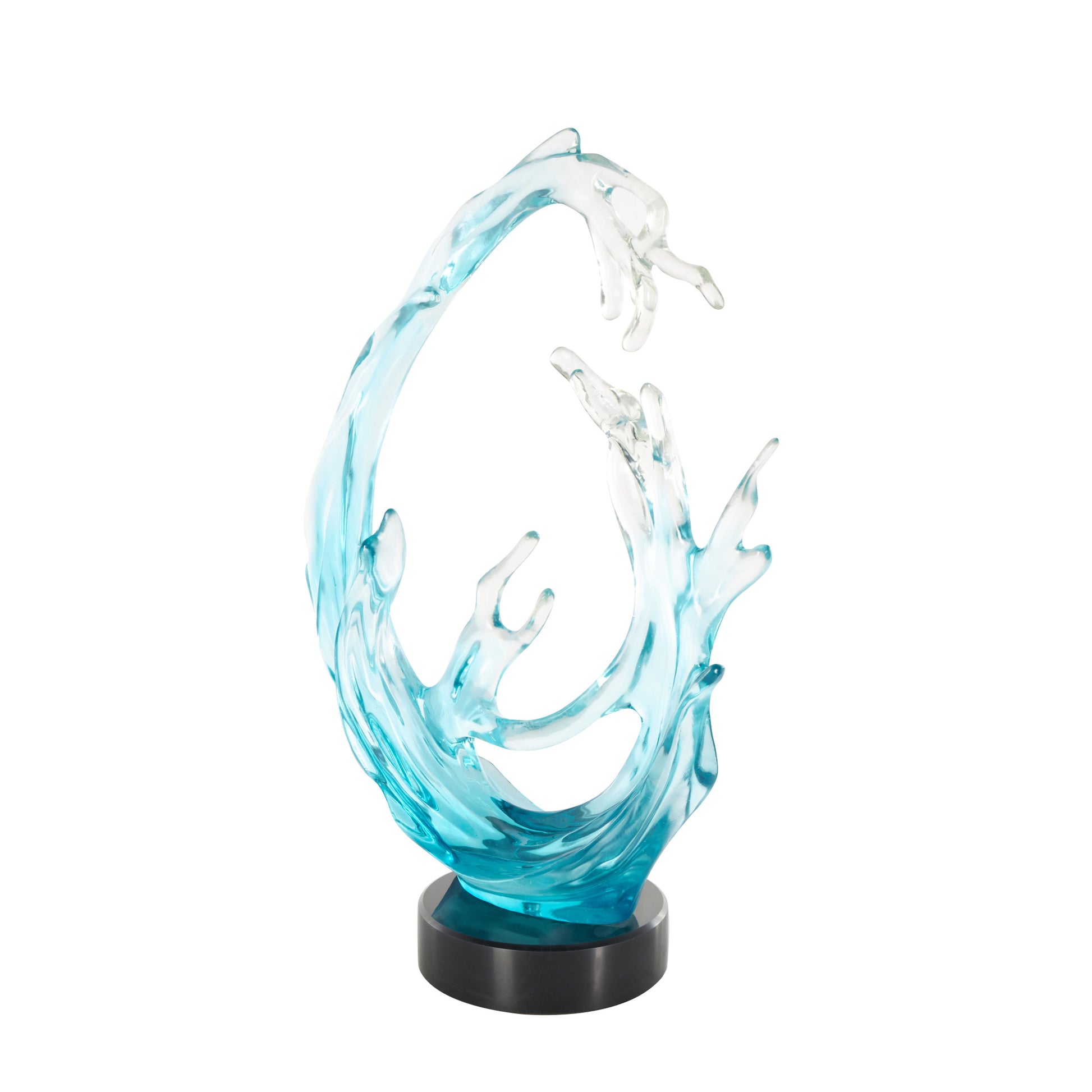 Coral Blue Glass Ombre Decorative Sculpture with Black Round Base