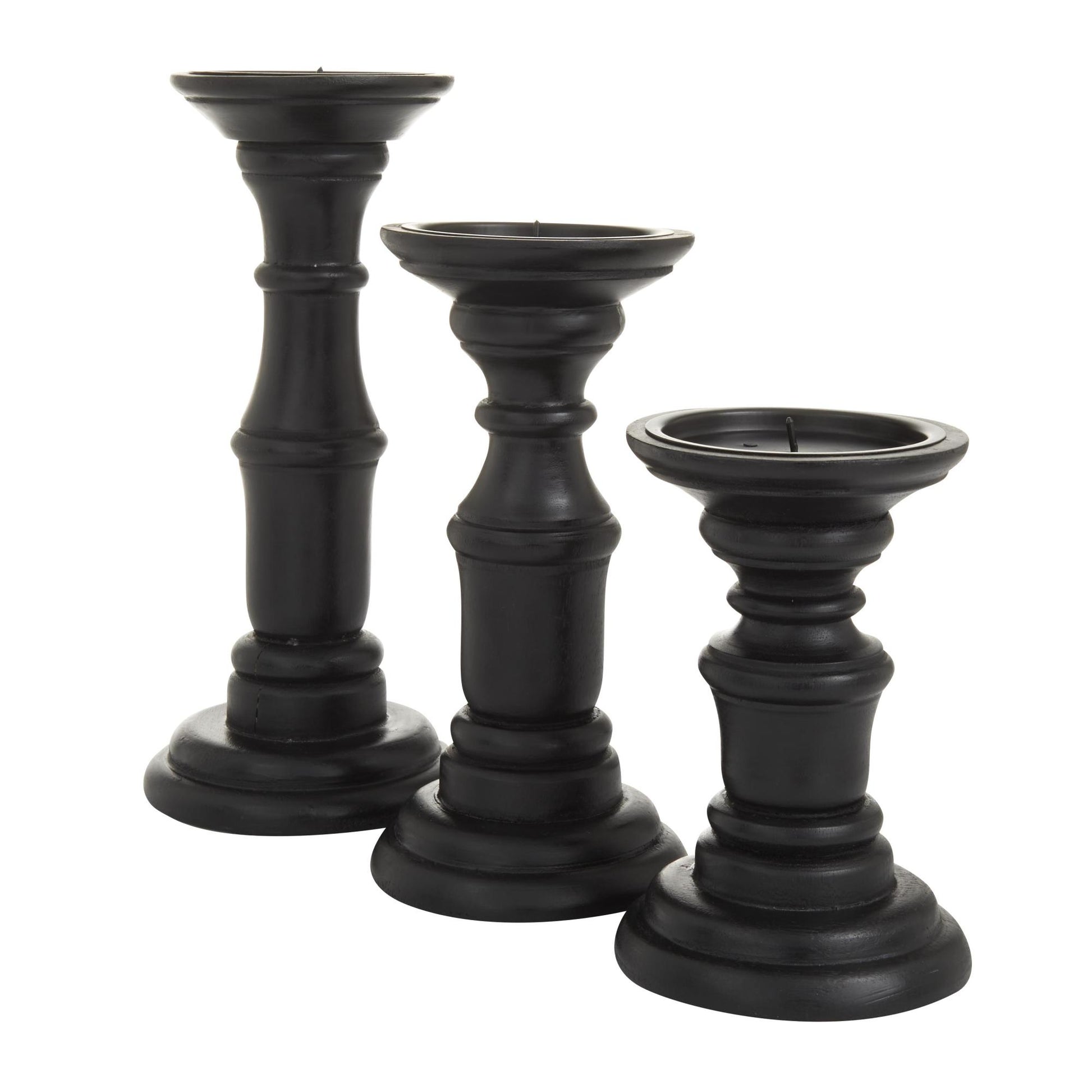 Set of 3 Mango Wood Turned Style Pillar Decorative Candle Holder