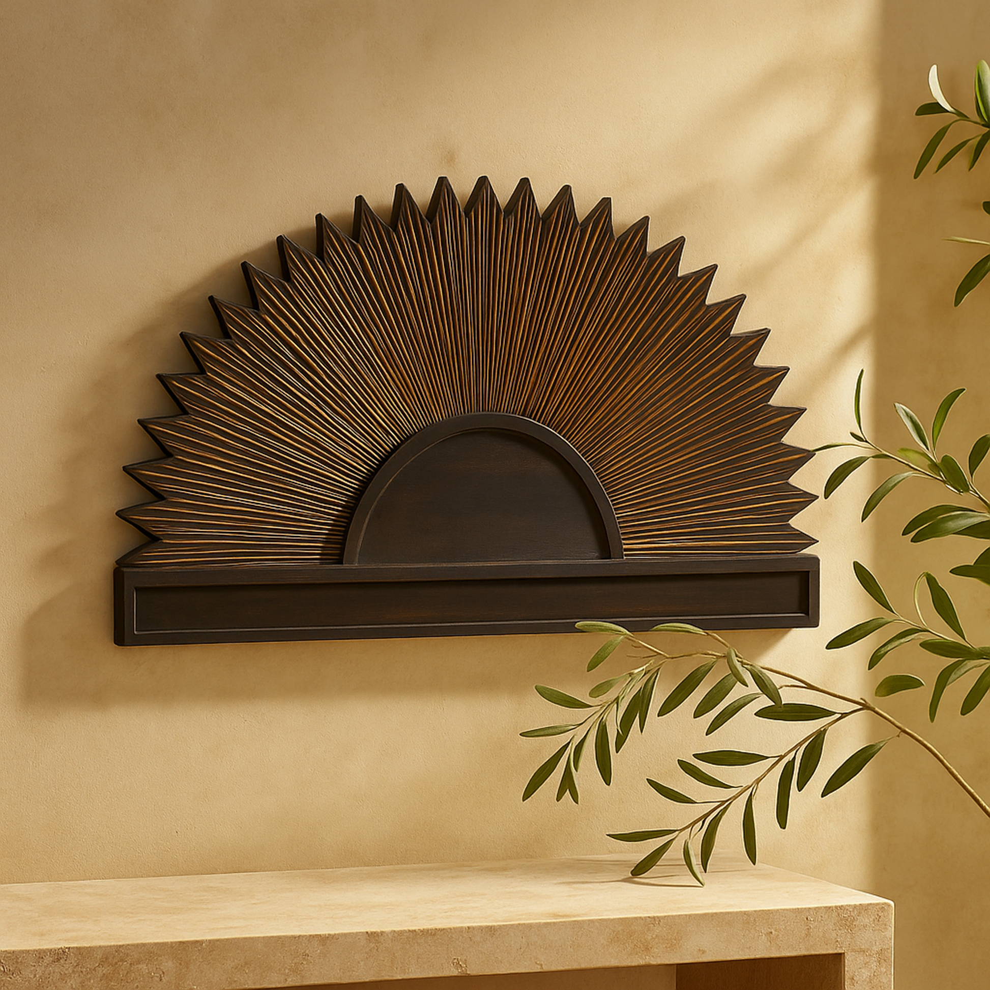 Sun Dark Brown Wooden Large Home Wall Decor with Copper Accents