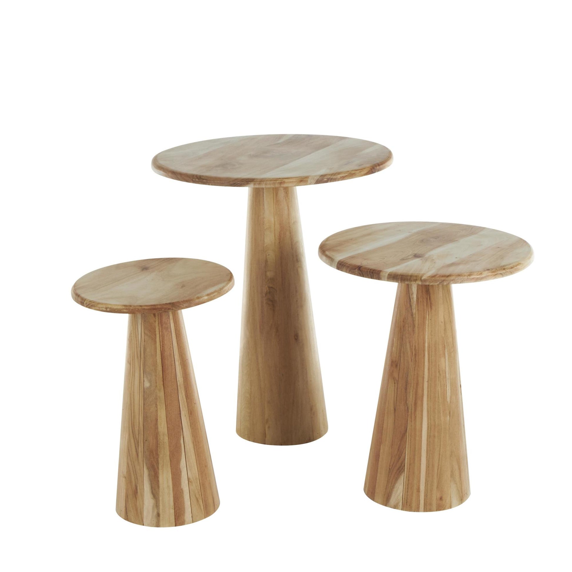 Set of 3 Wood Side End Accent Table with Natural Wood Grains and Cone Shaped Bases
