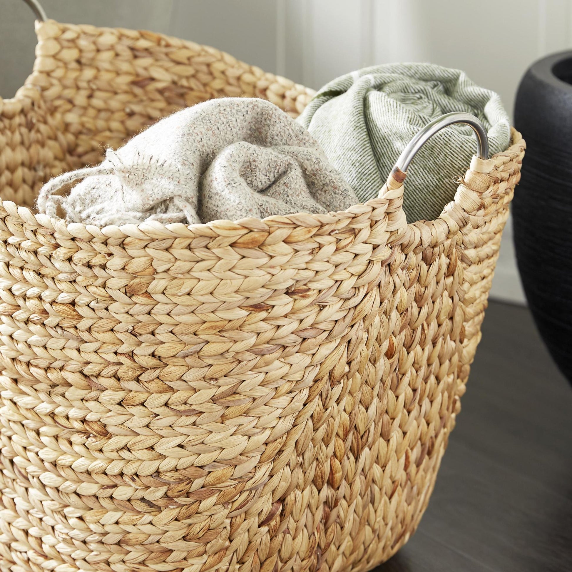 Brown Seagrass Handmade Large Woven Decorative and Functional Storage Basket with Ring Metal Handles
