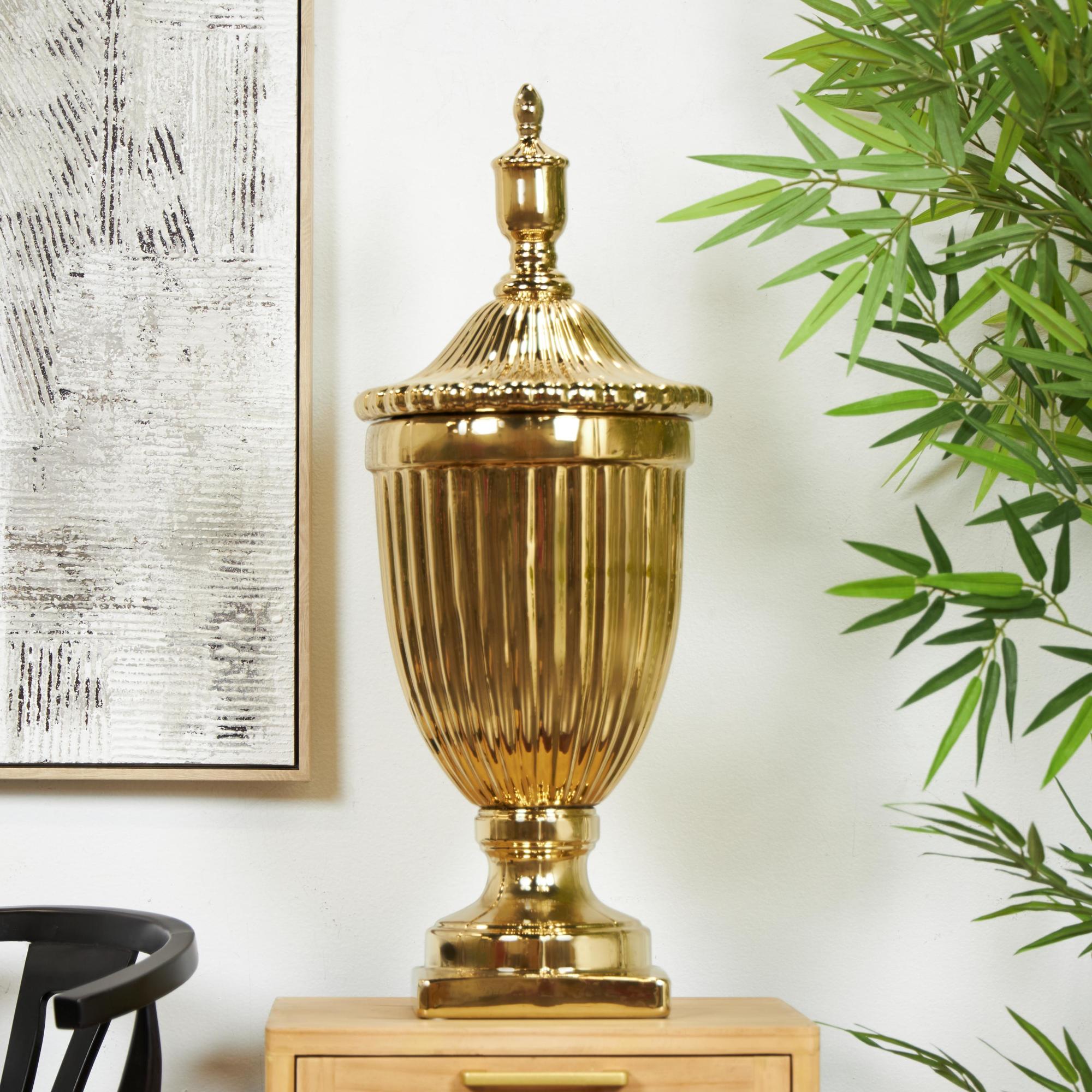 Ceramic Tall Fluted Urn Living Room Decorative Jars with Grooves and Lid