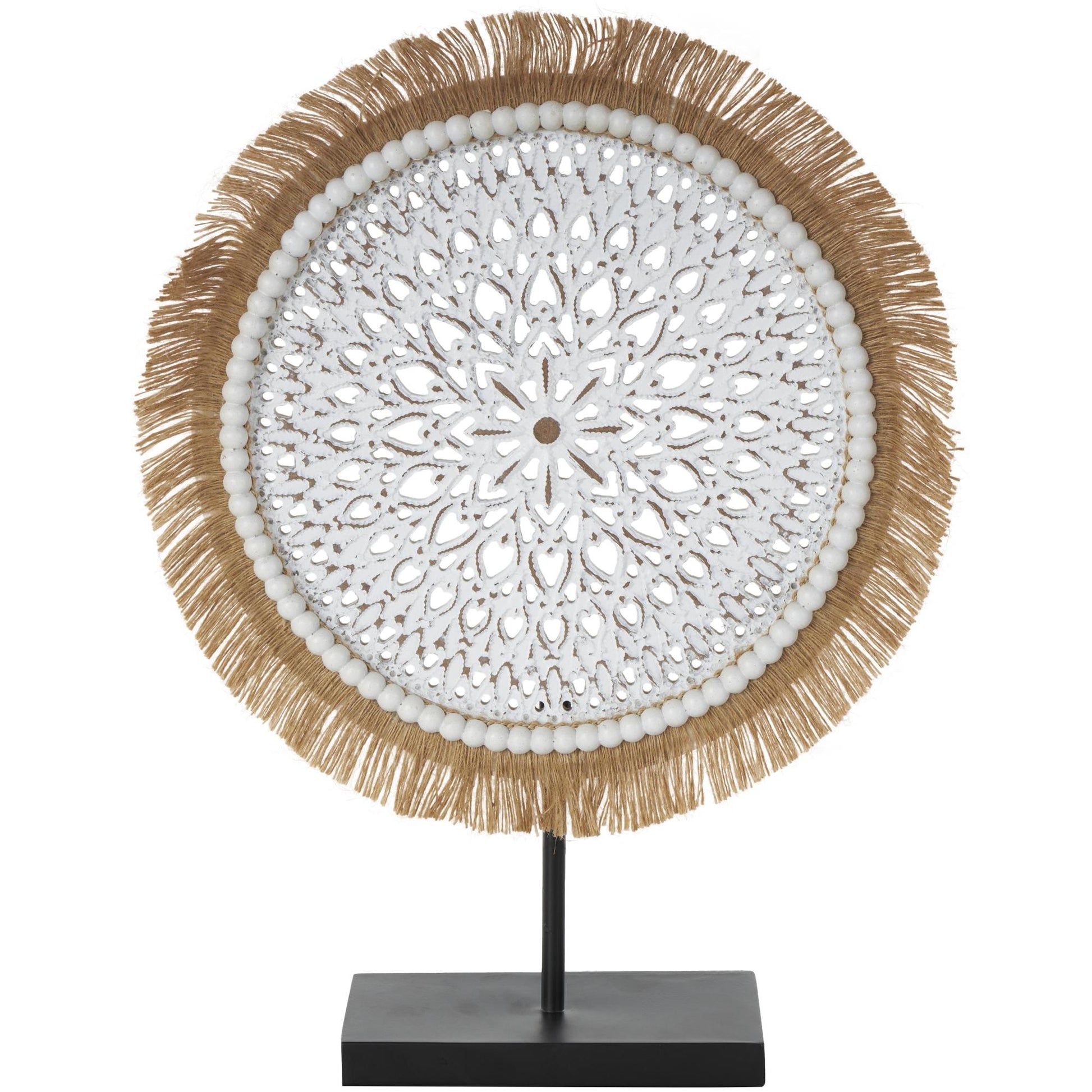 Tribal Wooden Handmade Seagrass Fringed Decorative Sculpture with Black Base
