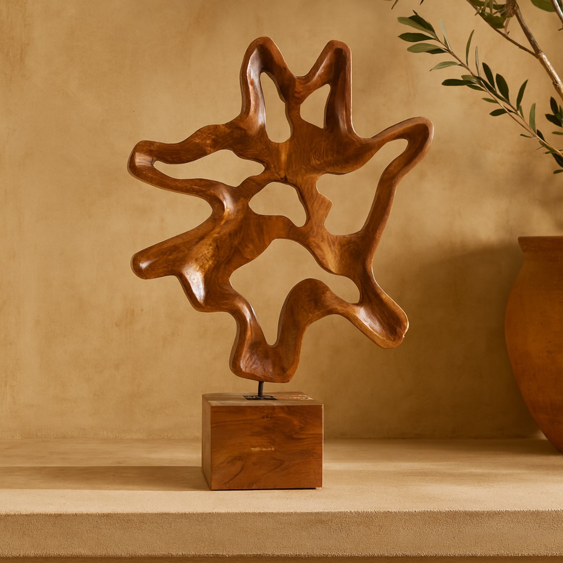 Abstract Brown Teak Wood Cutout Decorative Sculpture with Block Base