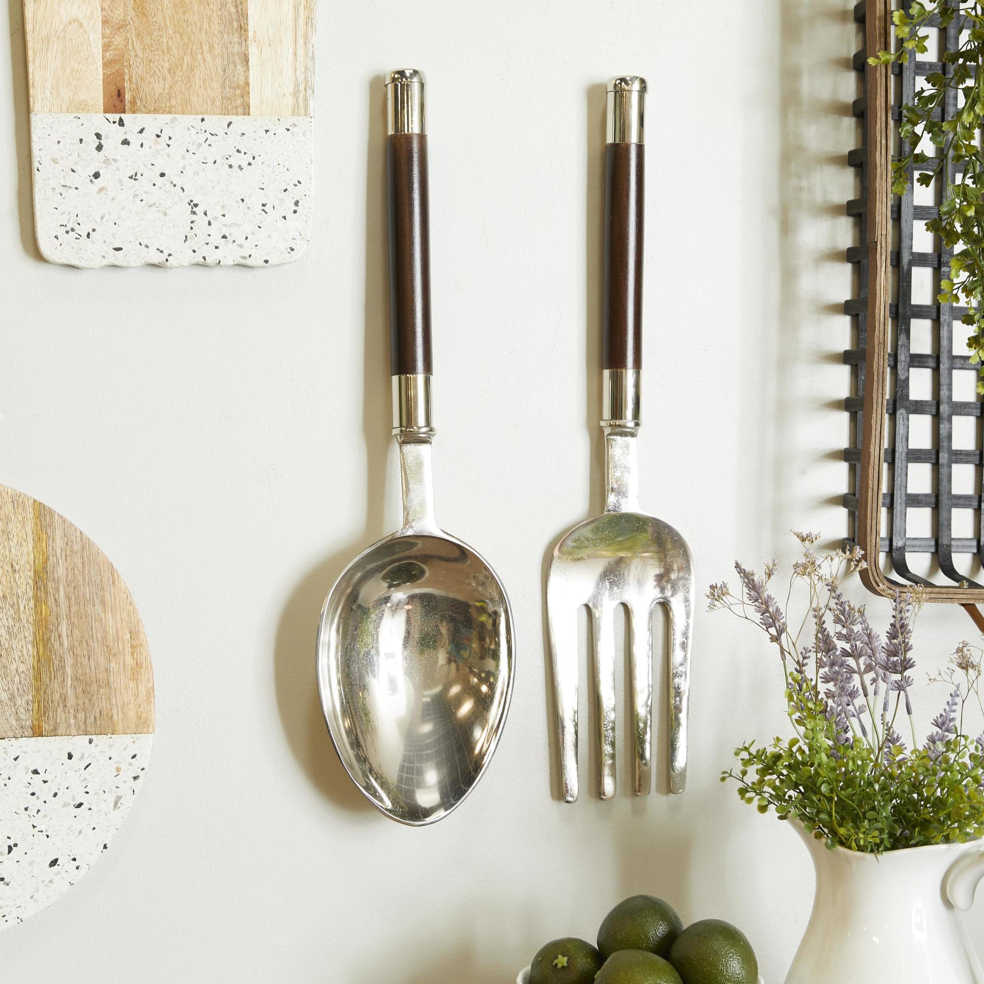 Set of 2 Utensils Aluminum Metal Spoon and Fork Home Wall Decor