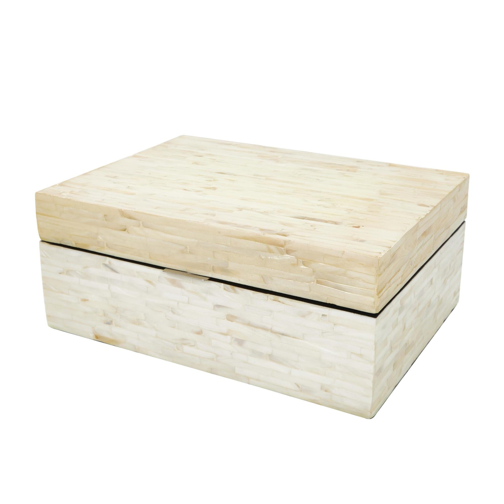 Set of 2 White Mother of Pearl Shell Handmade Decorative Box with Linear Mosaic Pattern and Hinged Lid