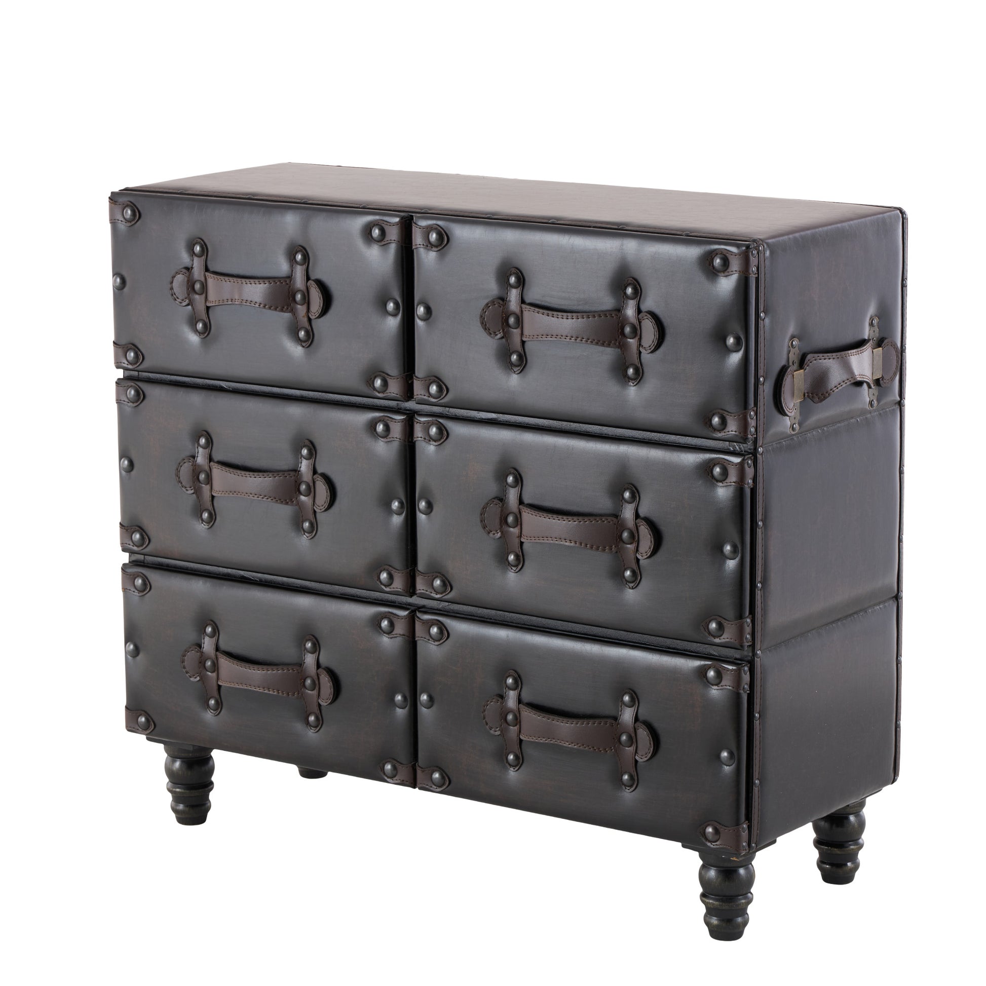 Black Wood Vintage Faux Leather Room Chest with Rivets and Straps Detailing
