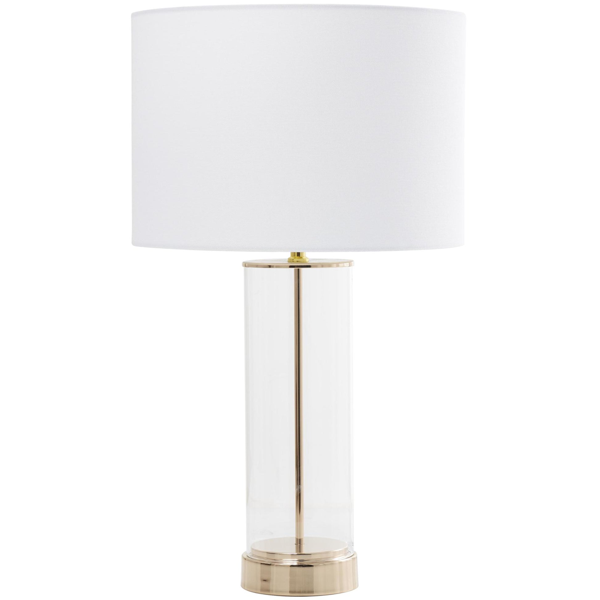 CosmoLiving by Cosmopolitan Gold Tempered Glass Transparent Base Room Table Lamp with Drum Shade