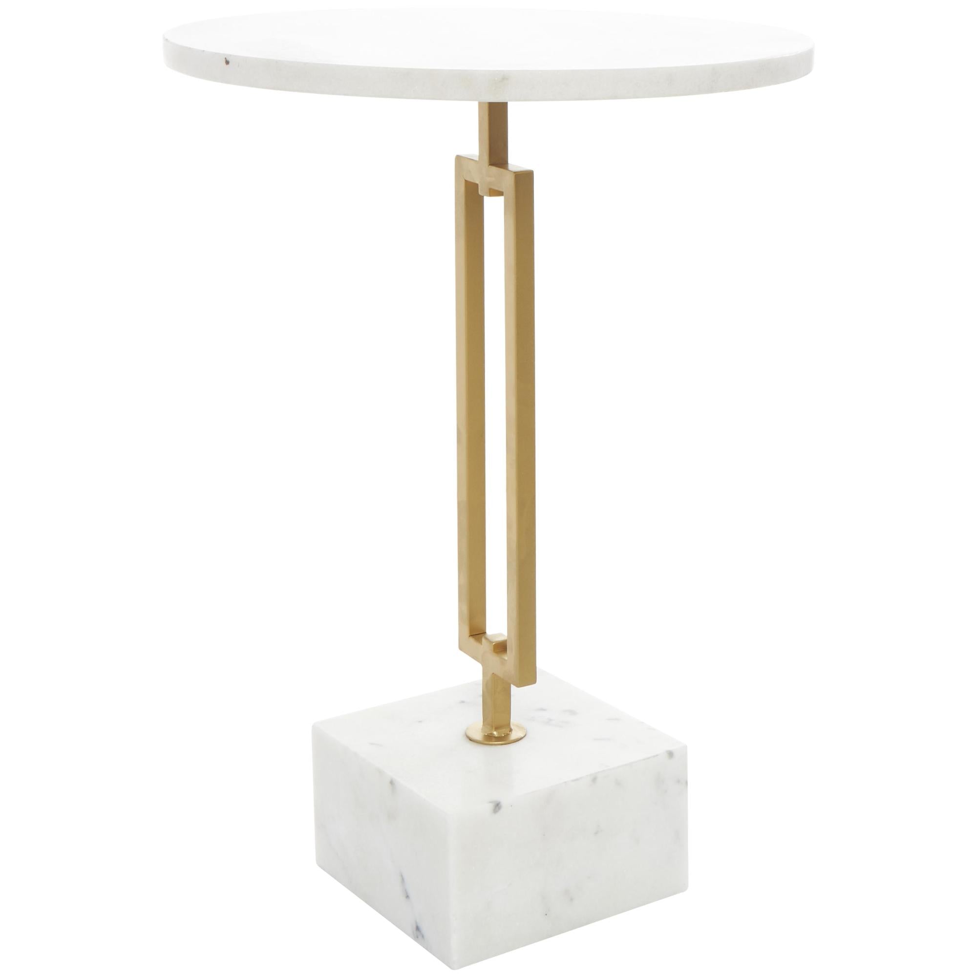 Geometric White Marble Side End Accent Table with Gold Metal Rectangular Stand