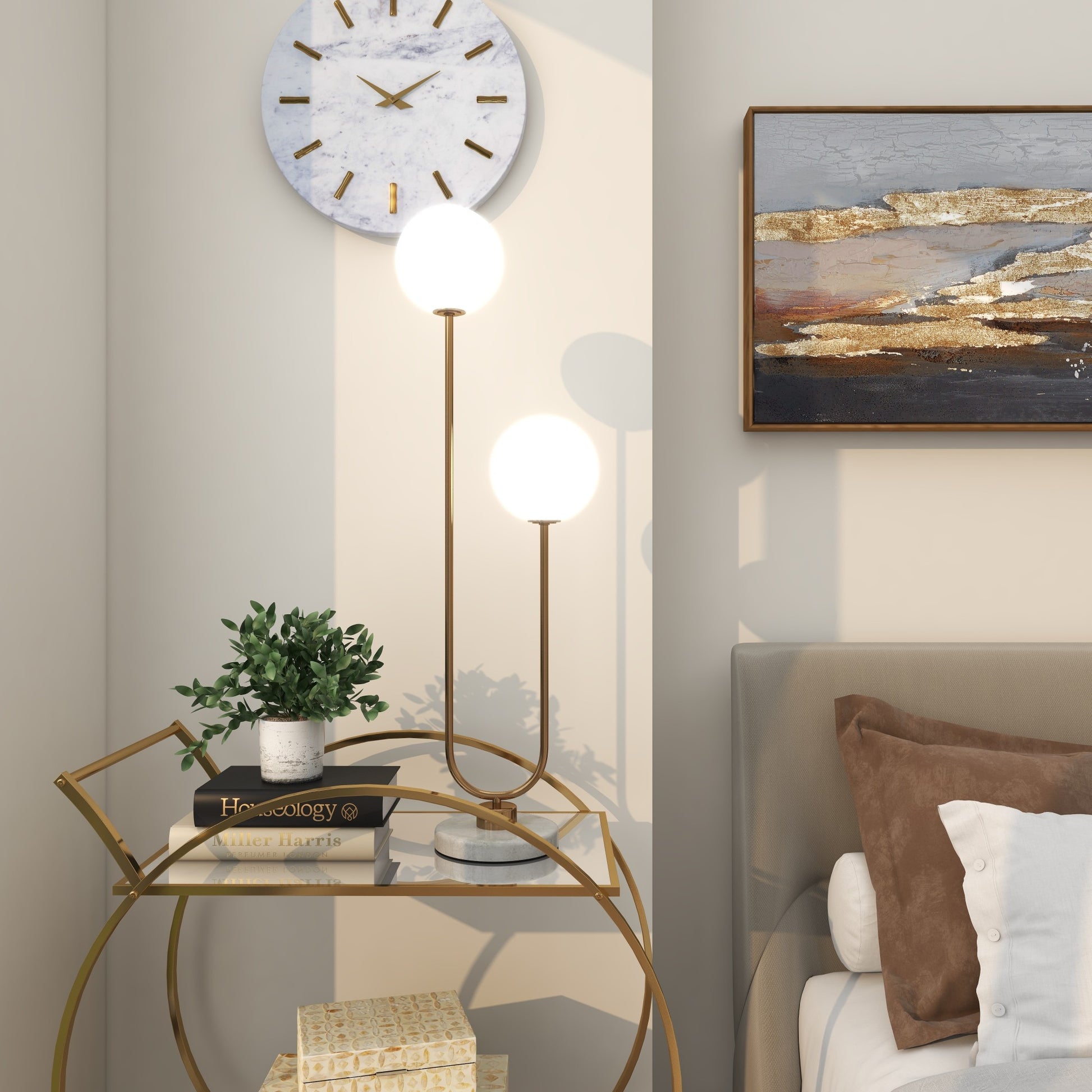 Gold Metal Curved Orb 2 Light Room Table Lamp with White Glass Shades and Marble Base