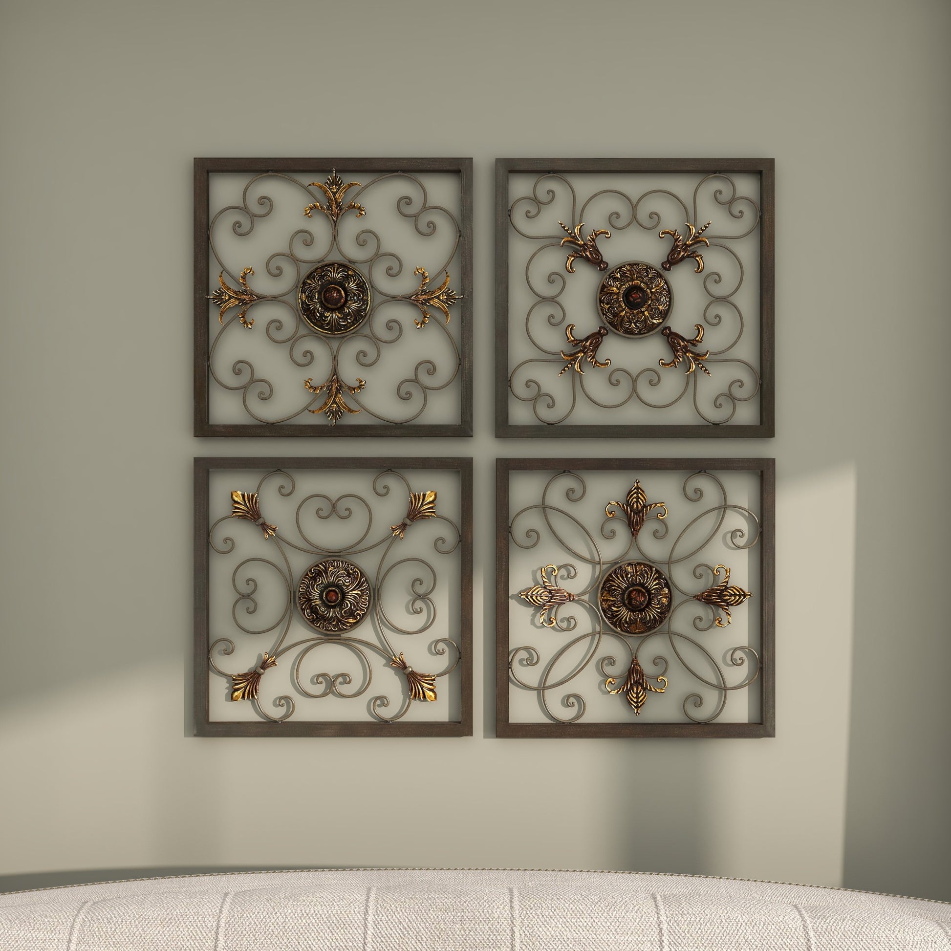 Set of 4 Fleur De Lis Brown Metal Wire Scroll Home Wall Decor with Gold Accents
