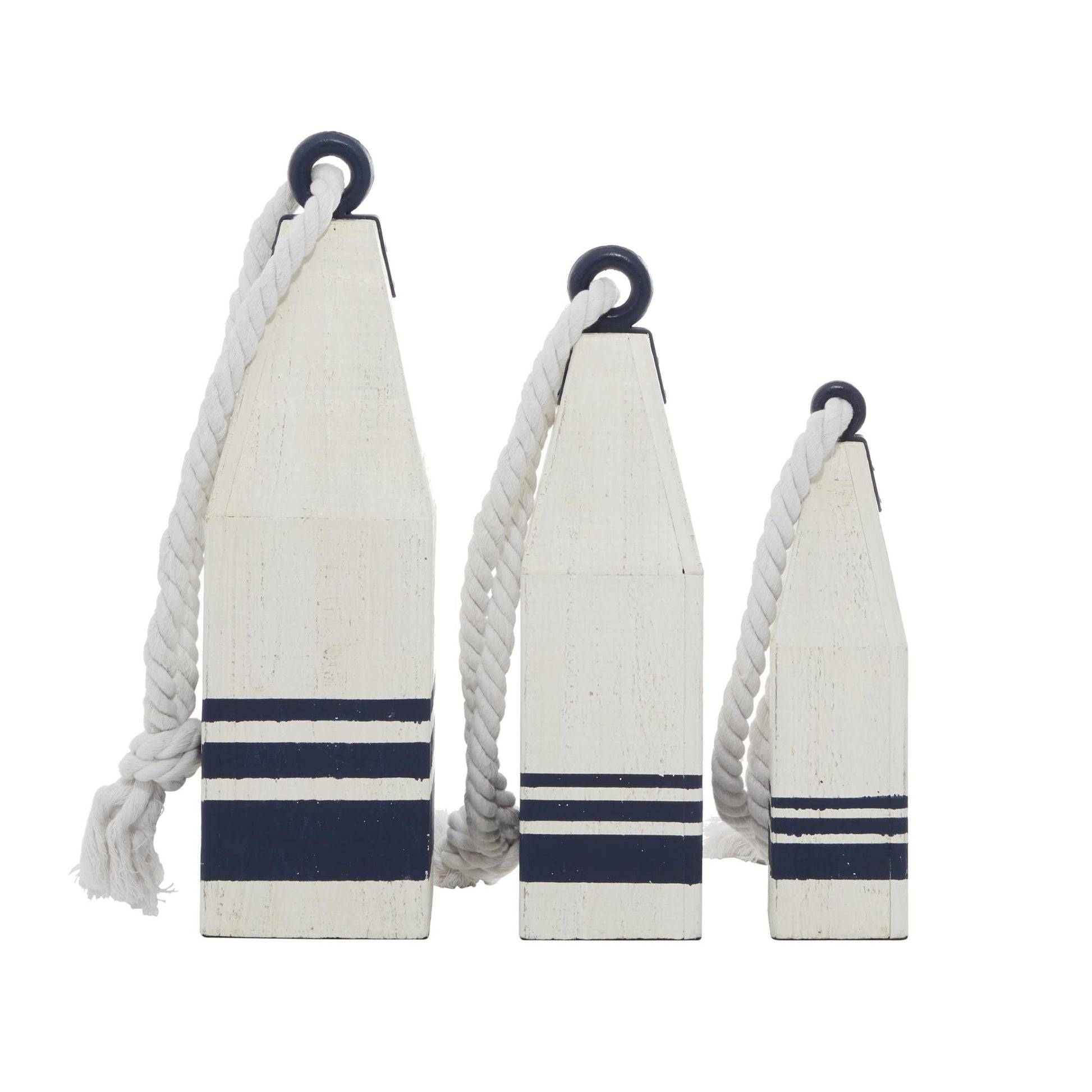 Set of 3 Buoy White Wood Handmade Decorative Sculpture with Rope Accents