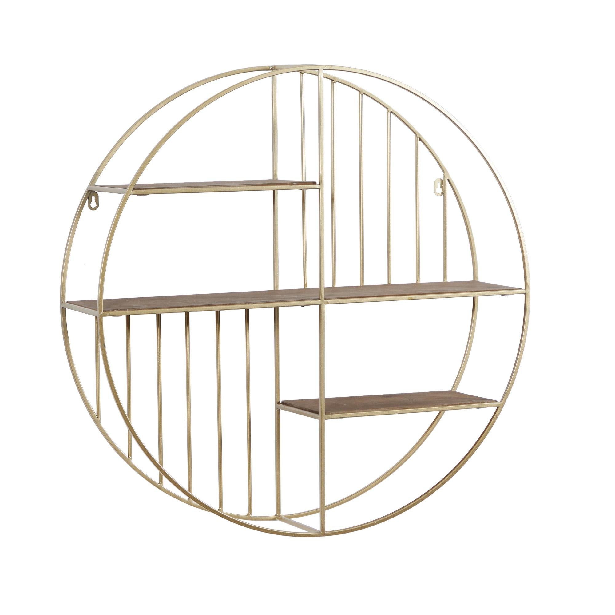 Geometric Gold Metal Circle Room Wall Shelf with 3 Wood Shelves and Linear Rods