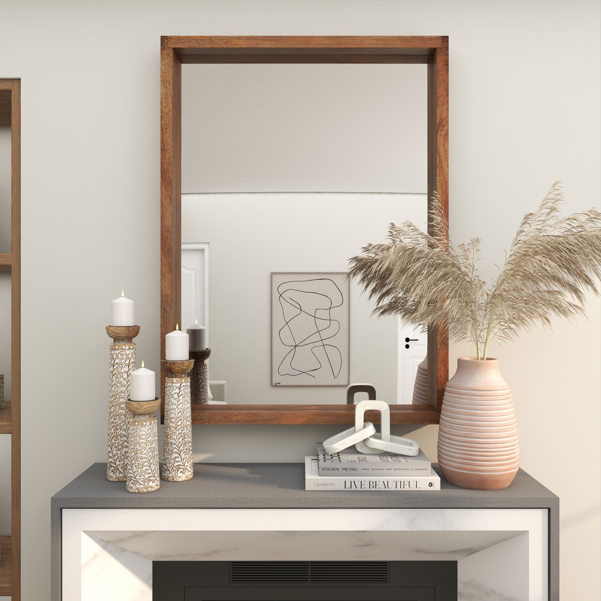 Brown Mango Wood Room Wall Mirror with Natural Wood Grain and Deep Set Frame
