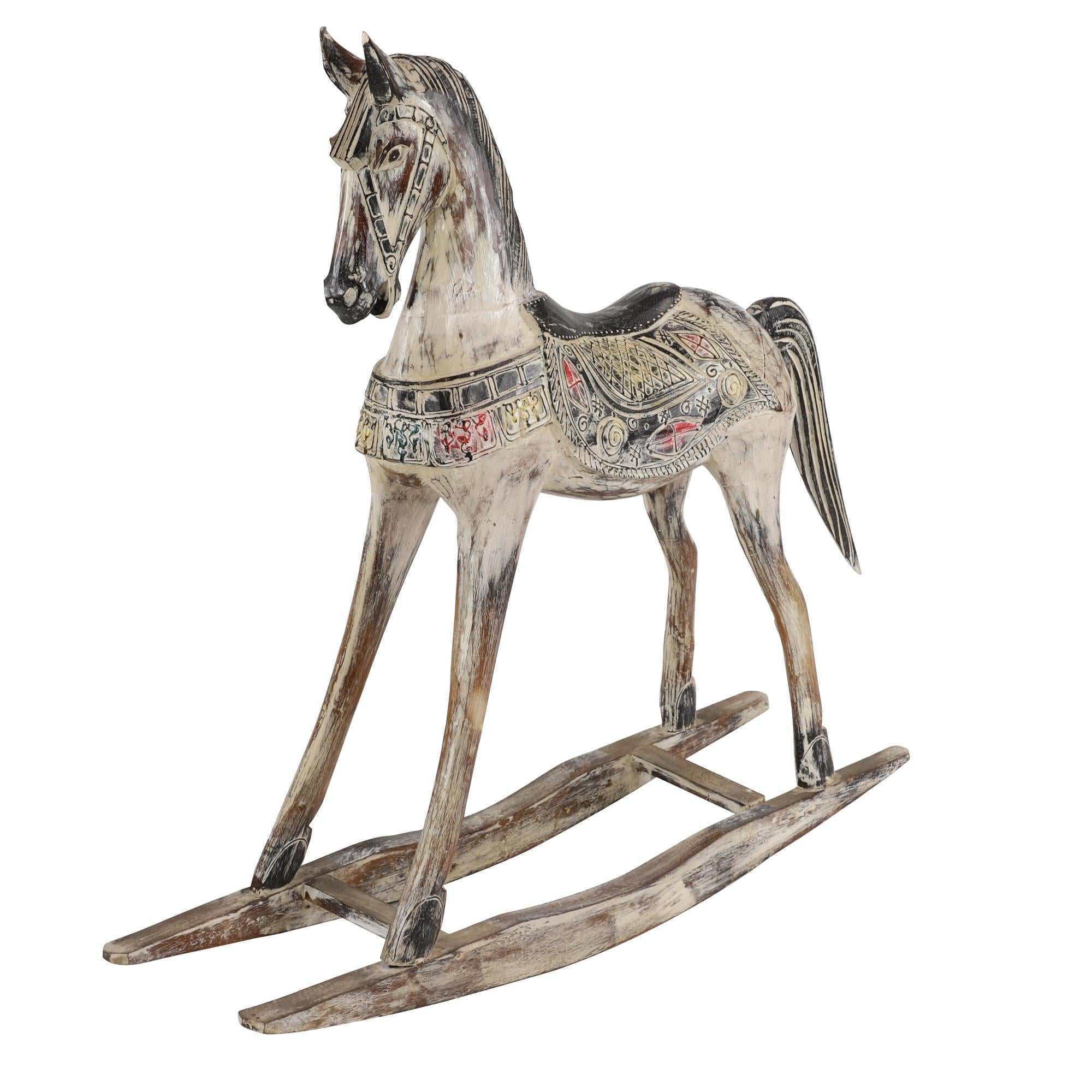 Horse Beige Wood Rocking Decorative Sculpture with Brown Distressing and Colorful Accents