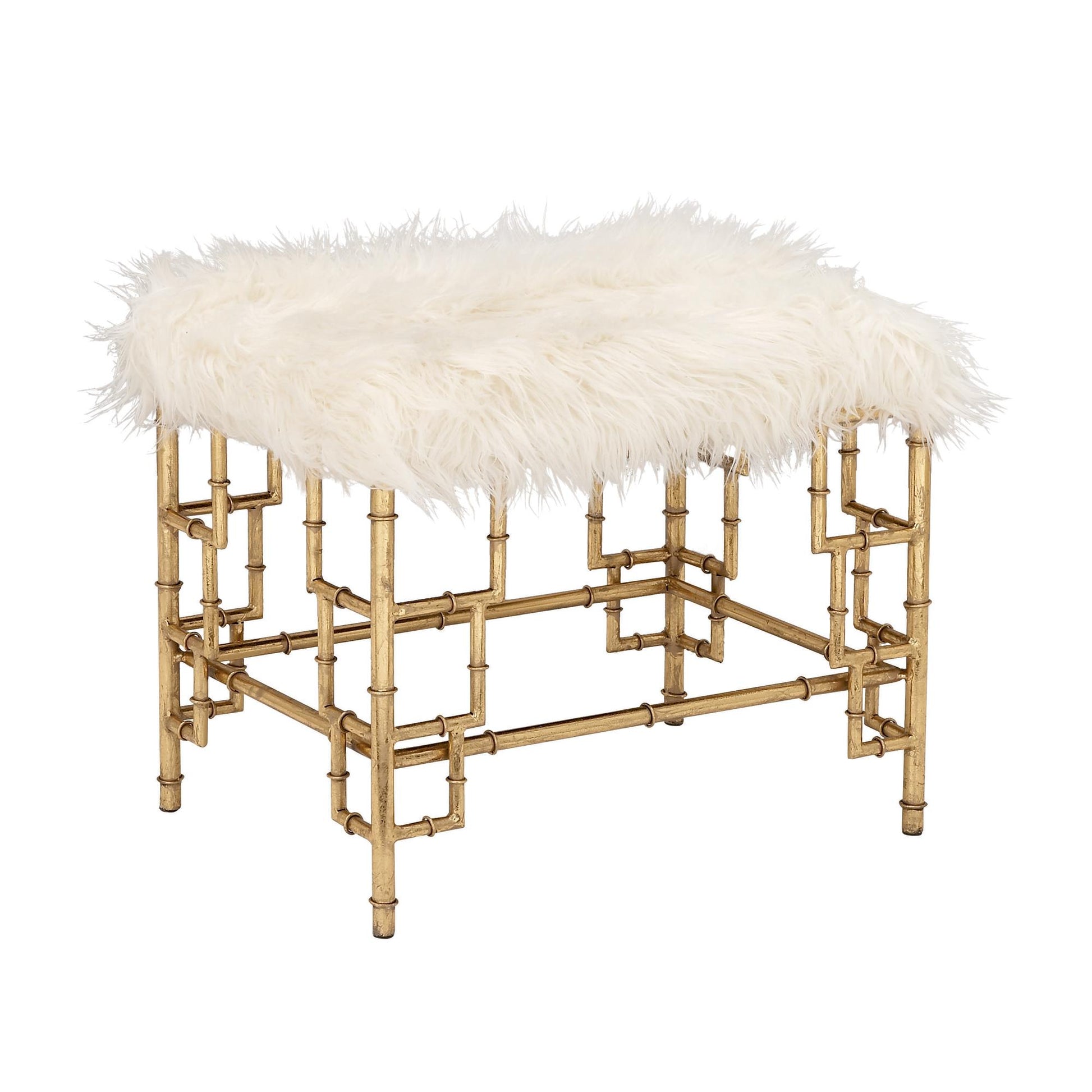 Gold Metal Living Room Stool with Faux Fur