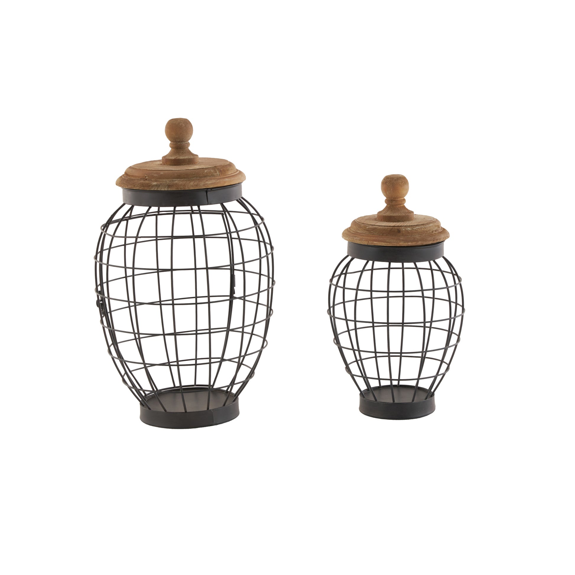 Set of 2 Black Metal Wire Caged Living Room Decorative Jars with Wooden Lids