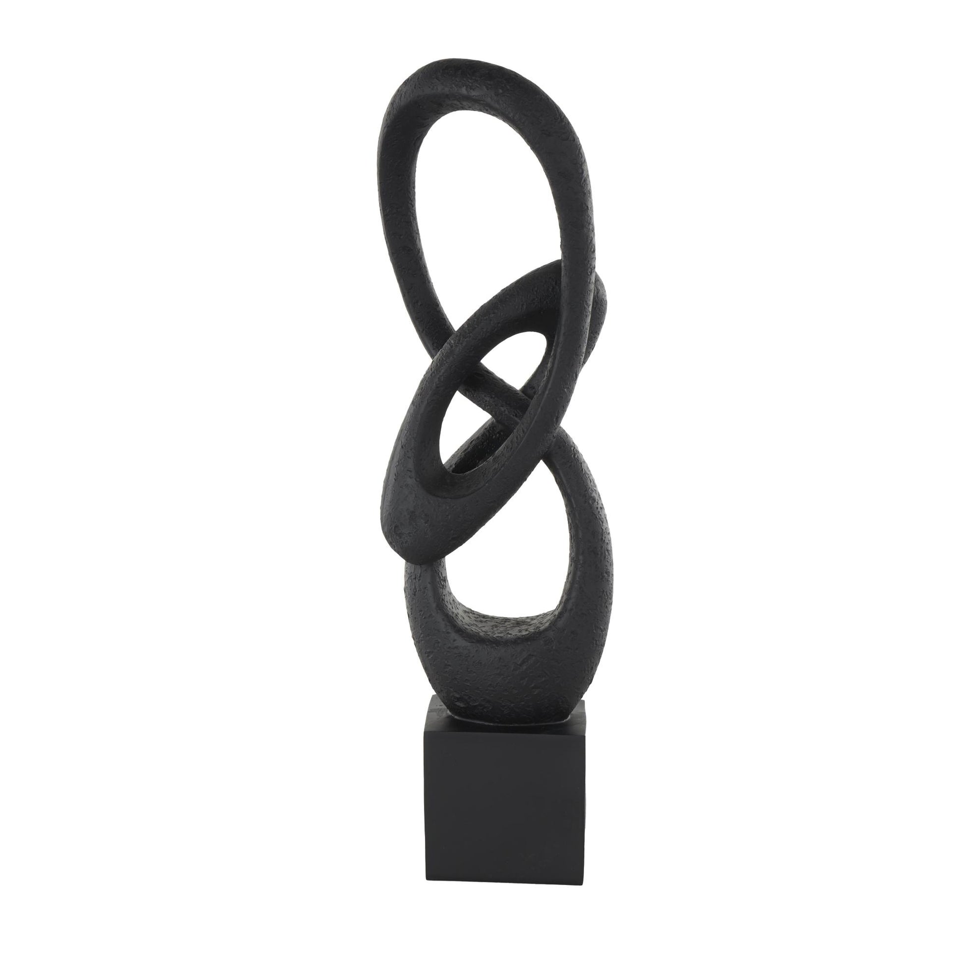 Abstract Black Polystone Intertwined Loop Decorative Sculpture with Block Base