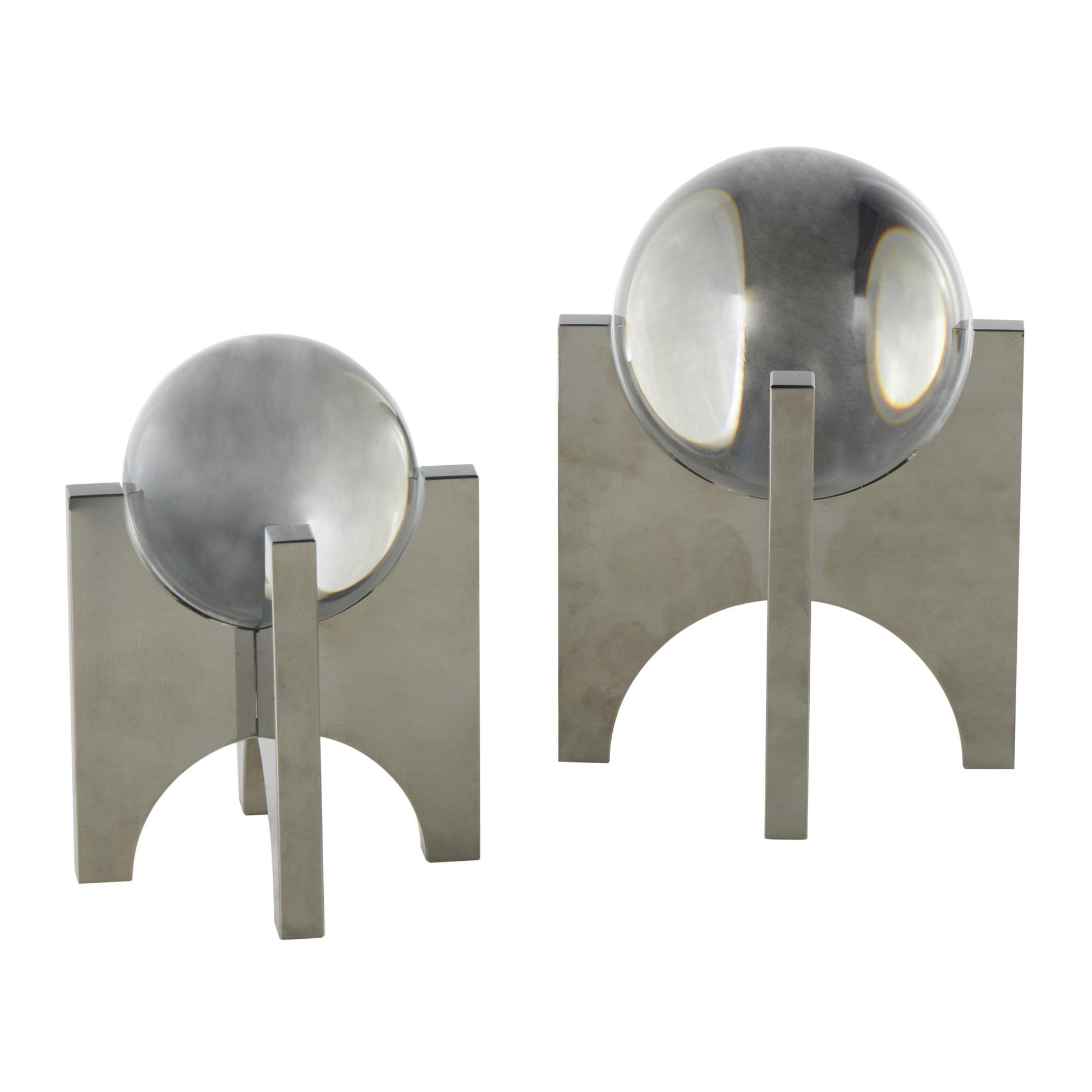 Geometric Silver Glass Orb Decorative Sculpture with Clear Orb and X-Shaped Holder