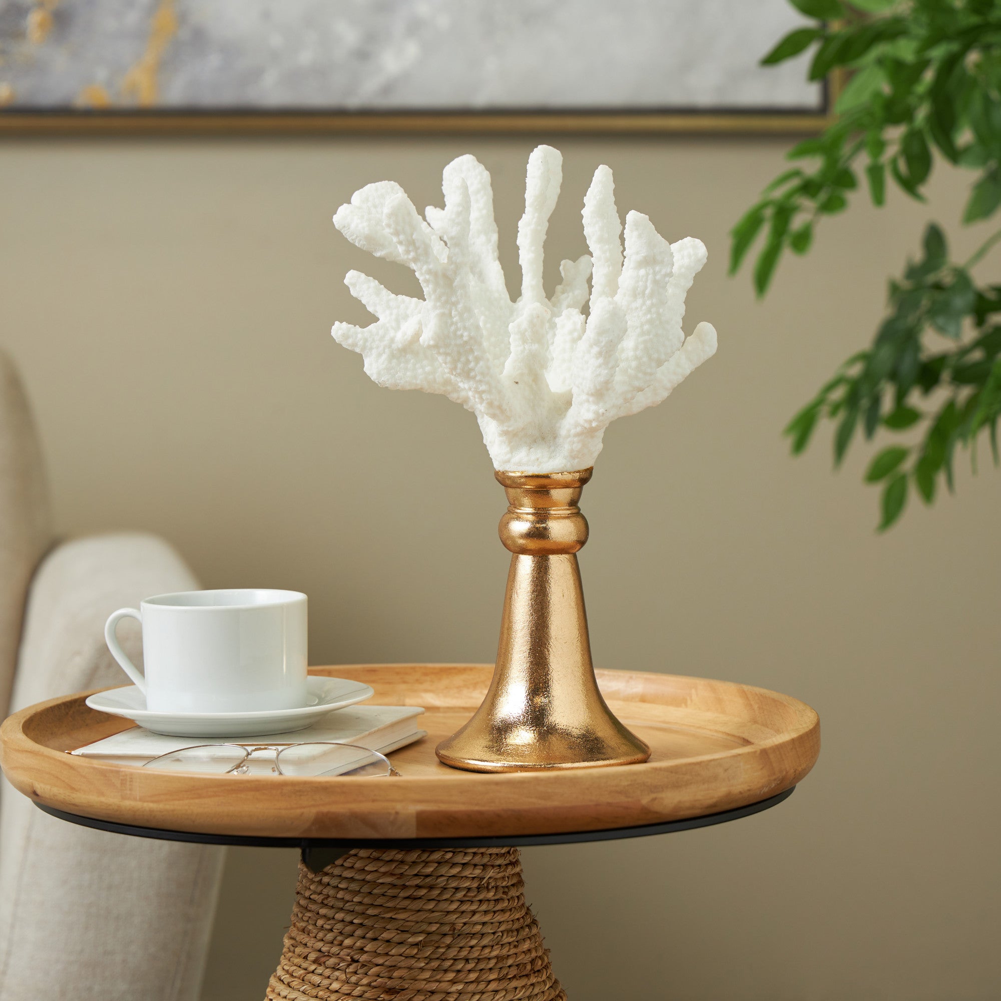 Coral White Resin Textured Decorative Sculpture with Round Copper Base