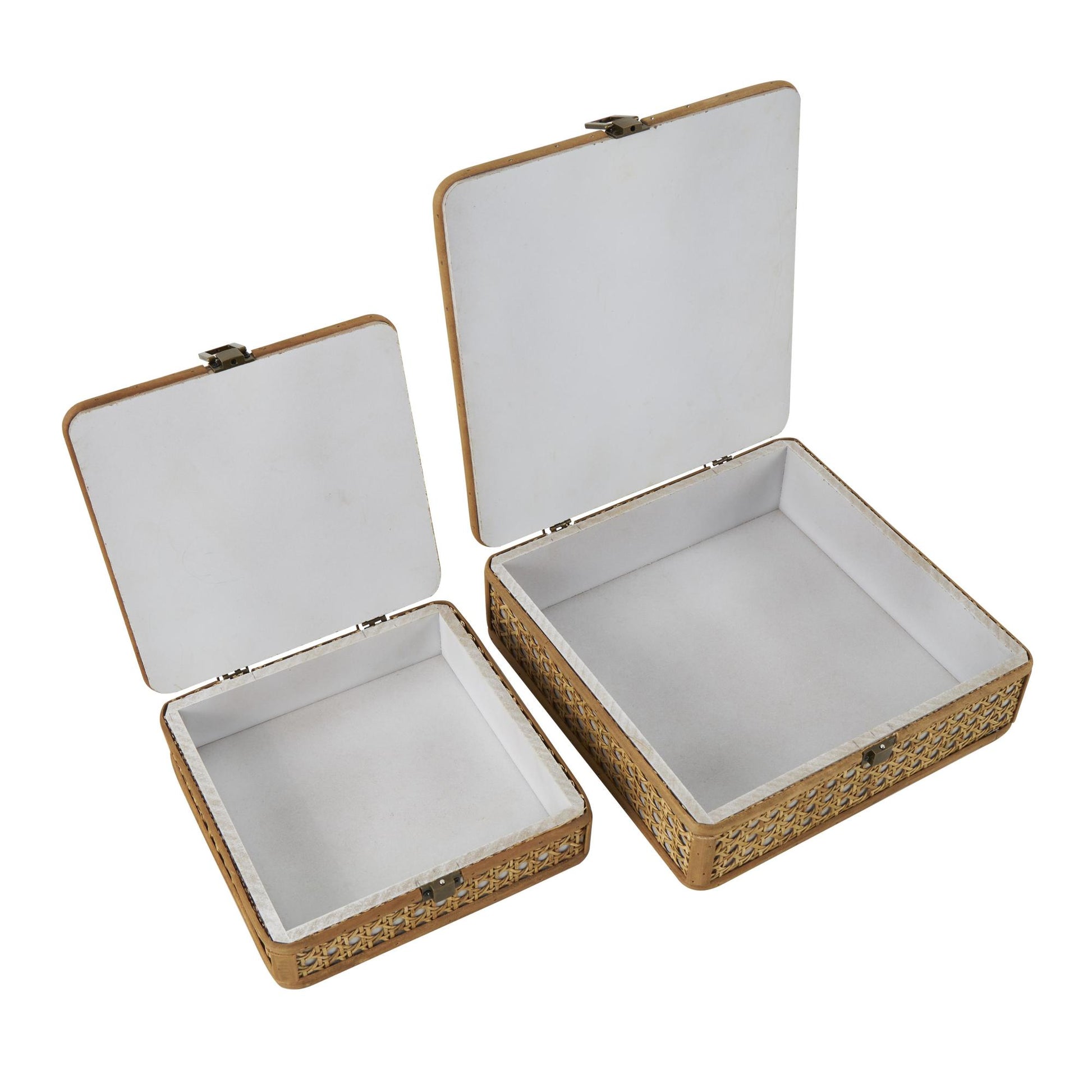 Set of 2 Brown Rattan Handmade Woven Rattan Decorative Box with Bronze Latches