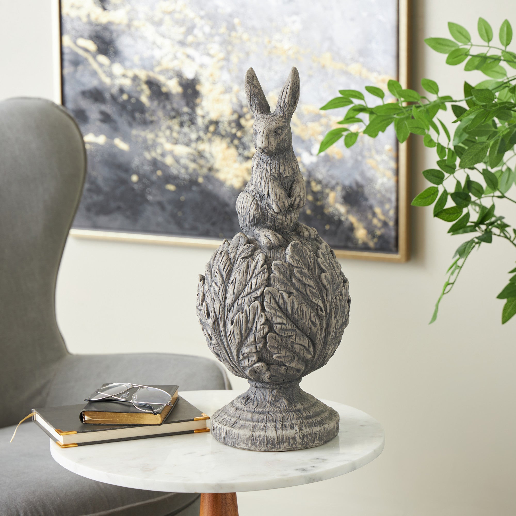 Rabbit Gray Polystone Textured Decorative Sculpture with Leaf Covered Round Base