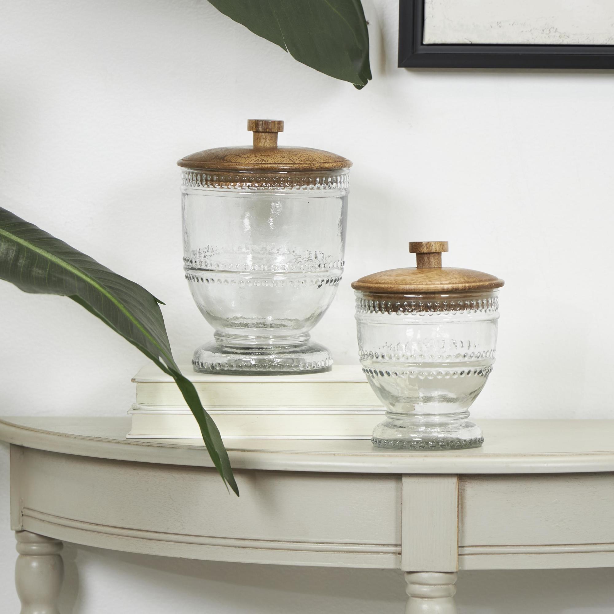 Set of 2 Clear Glass Beaded Living Room Decorative Jars with Wood Lids