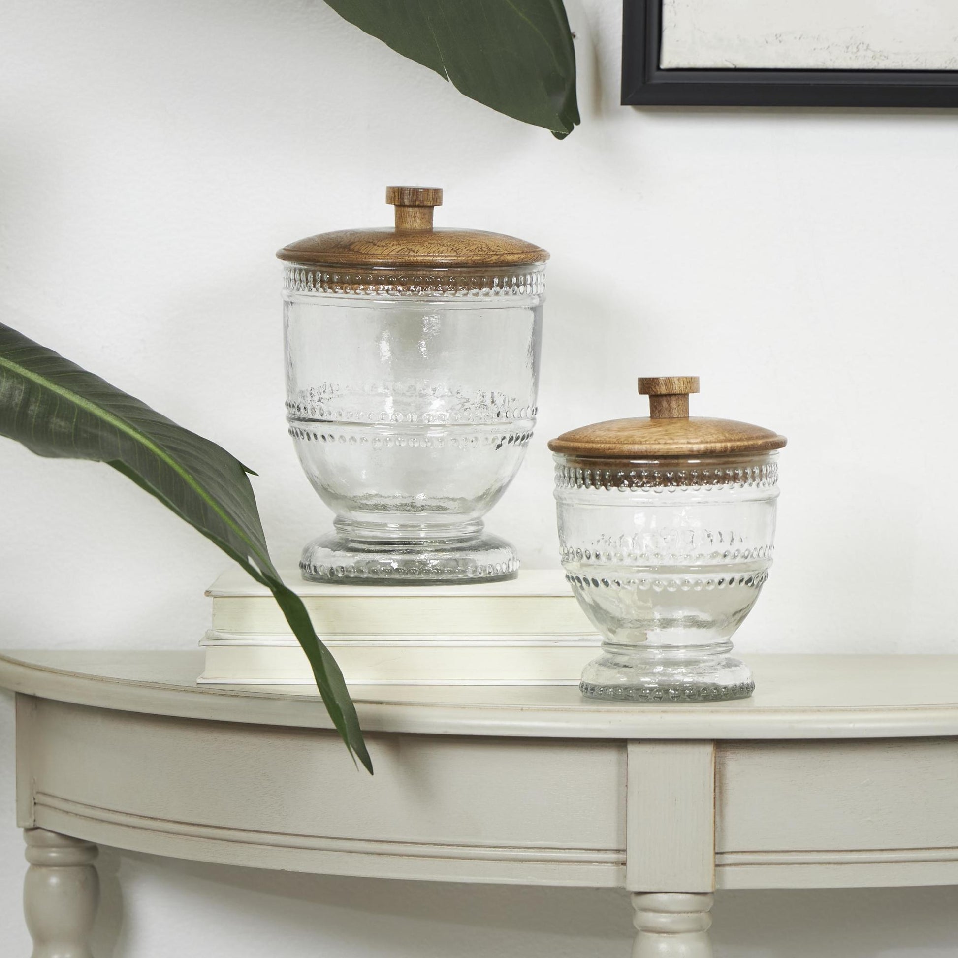 Set of 2 Clear Glass Beaded Living Room Decorative Jars with Wood Lids