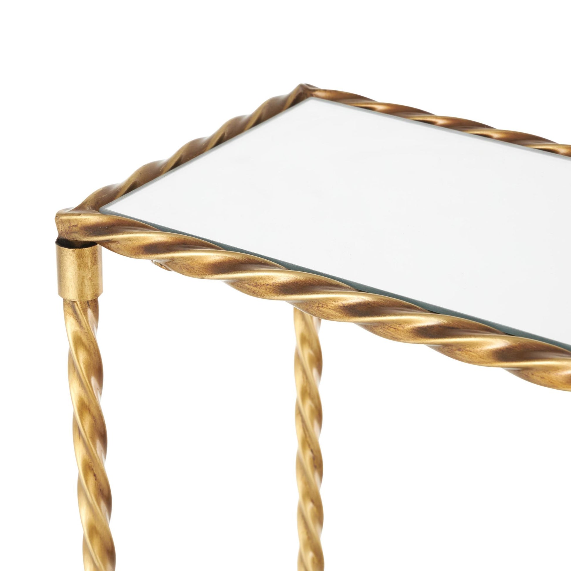 Gold Metal Twisted Rope Inspired Living Room Console Table with Mirrored Glass Top and Shelf