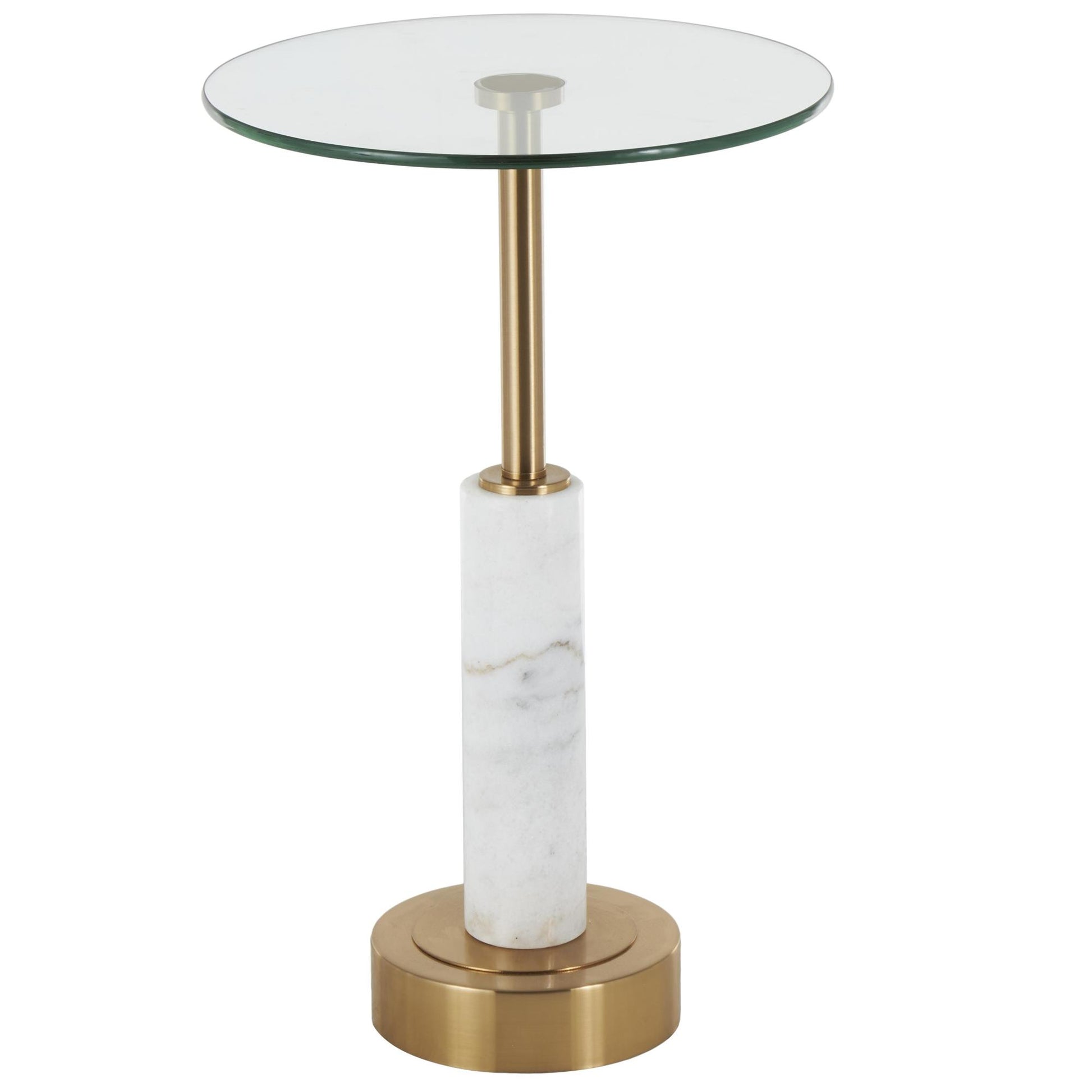 Marble Round Side End Accent Table with Silver Metal Rod and Base