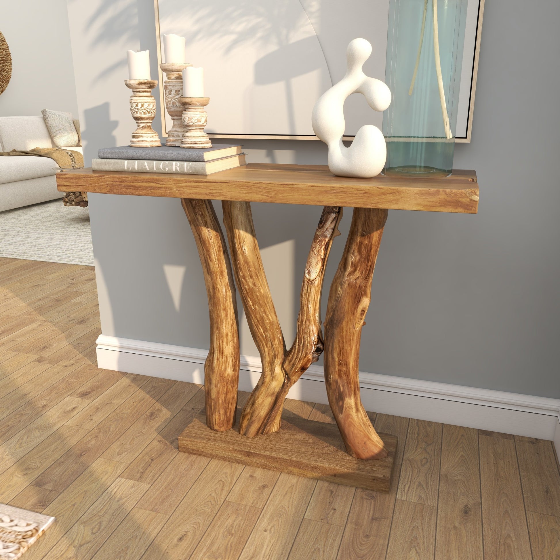 Brown Teak Wood Small Live Edge Tree Trunk Living Room Console Table