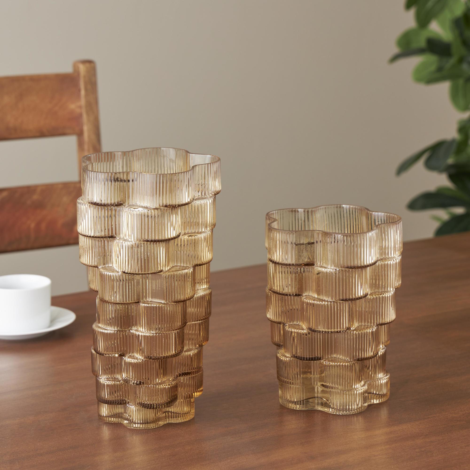 Set of 2 Floral Glass Ribbed Stacked Decorative Vase