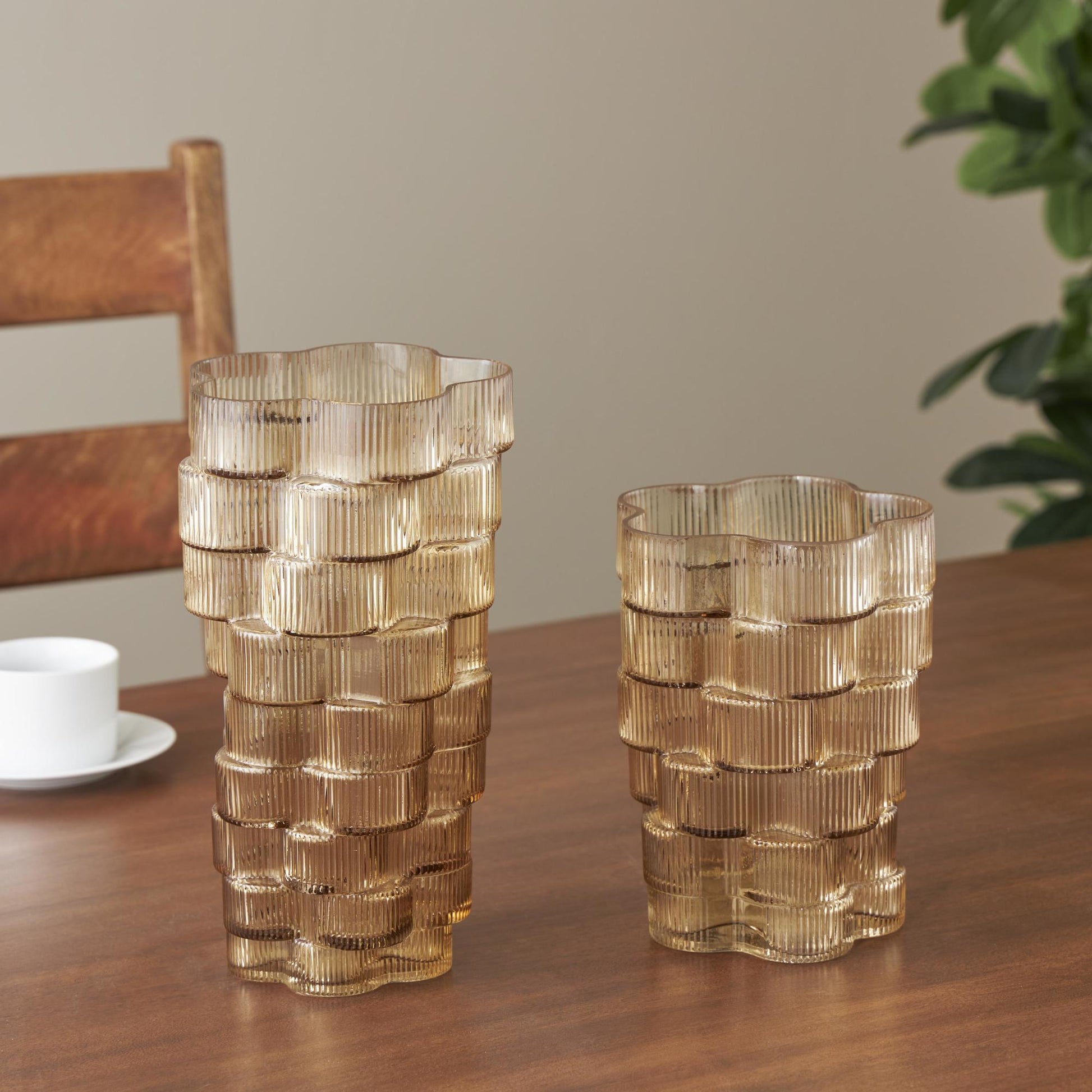 Set of 2 Floral Glass Ribbed Stacked Decorative Vase