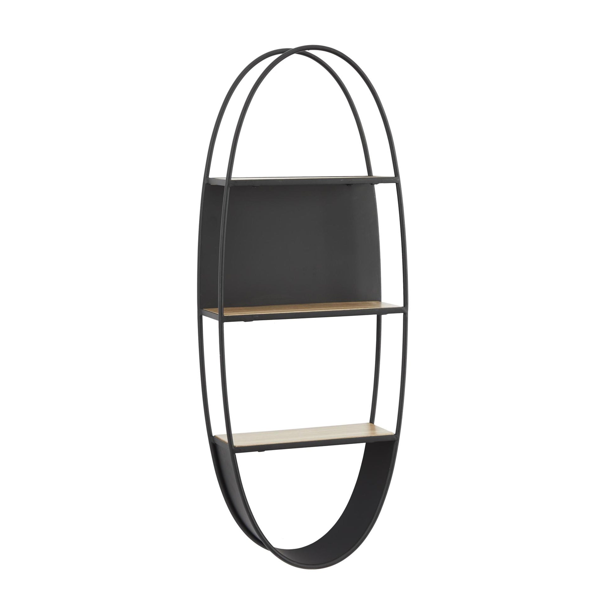 Black Metal Oval 2 Shelf Room Wall Shelf with Wood Accents