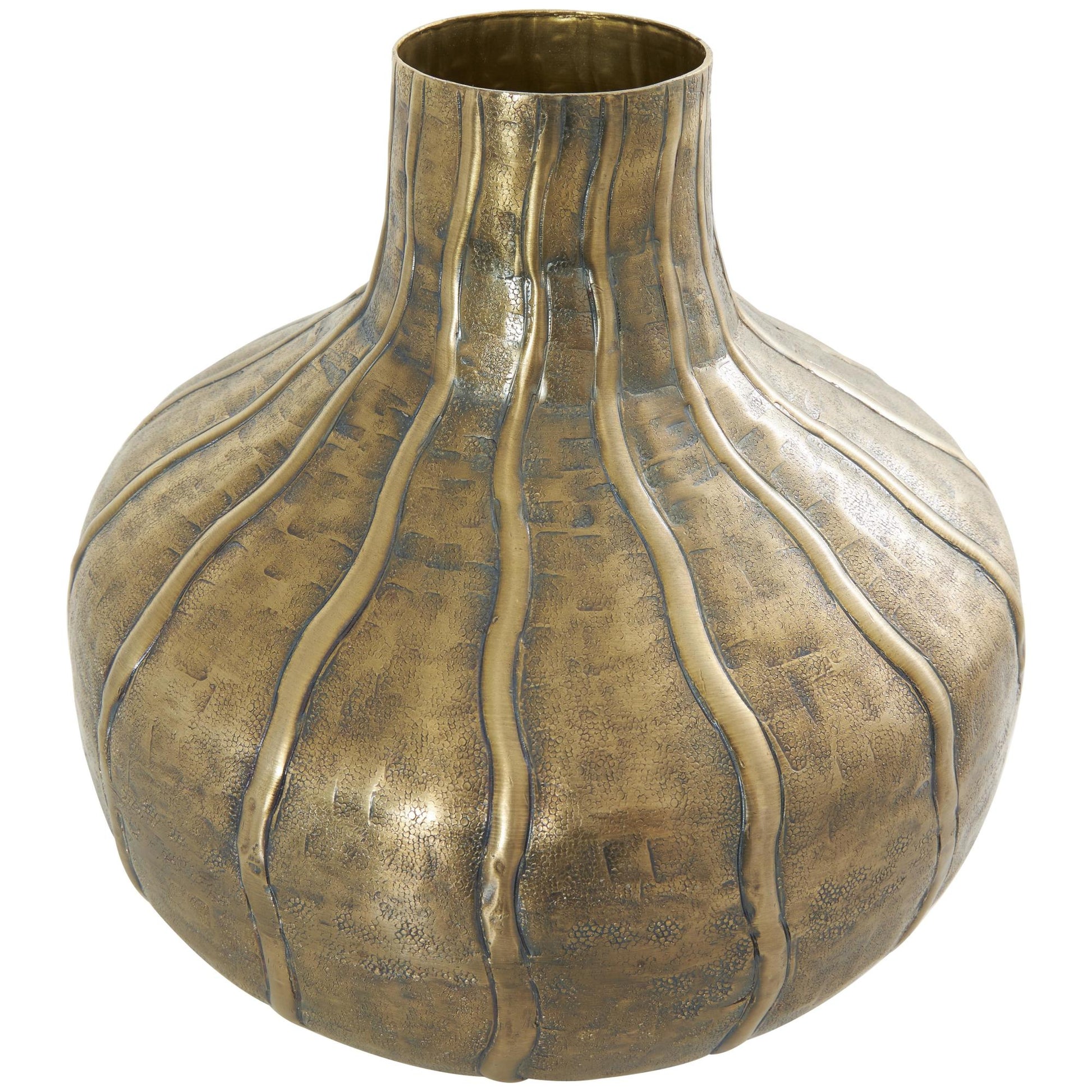 Brass Metal Wide Snakeskin Inspired Decorative Vase with Dimensional Wavy Accents