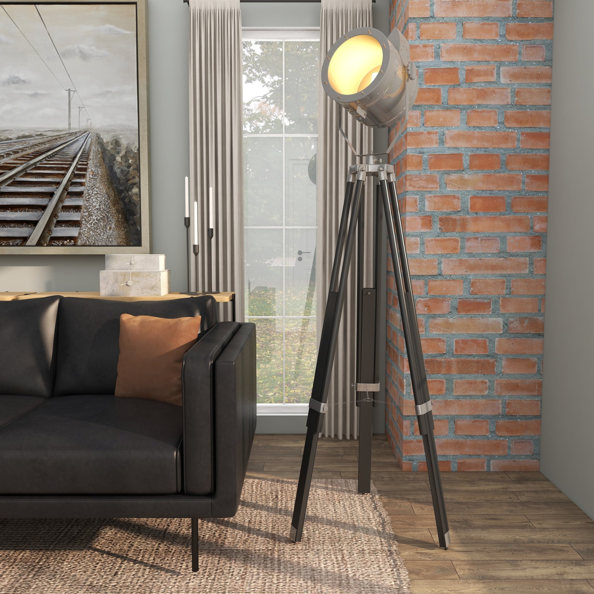 Black Wood Spotlight Room Floor Lamp with Silver Metal Accents