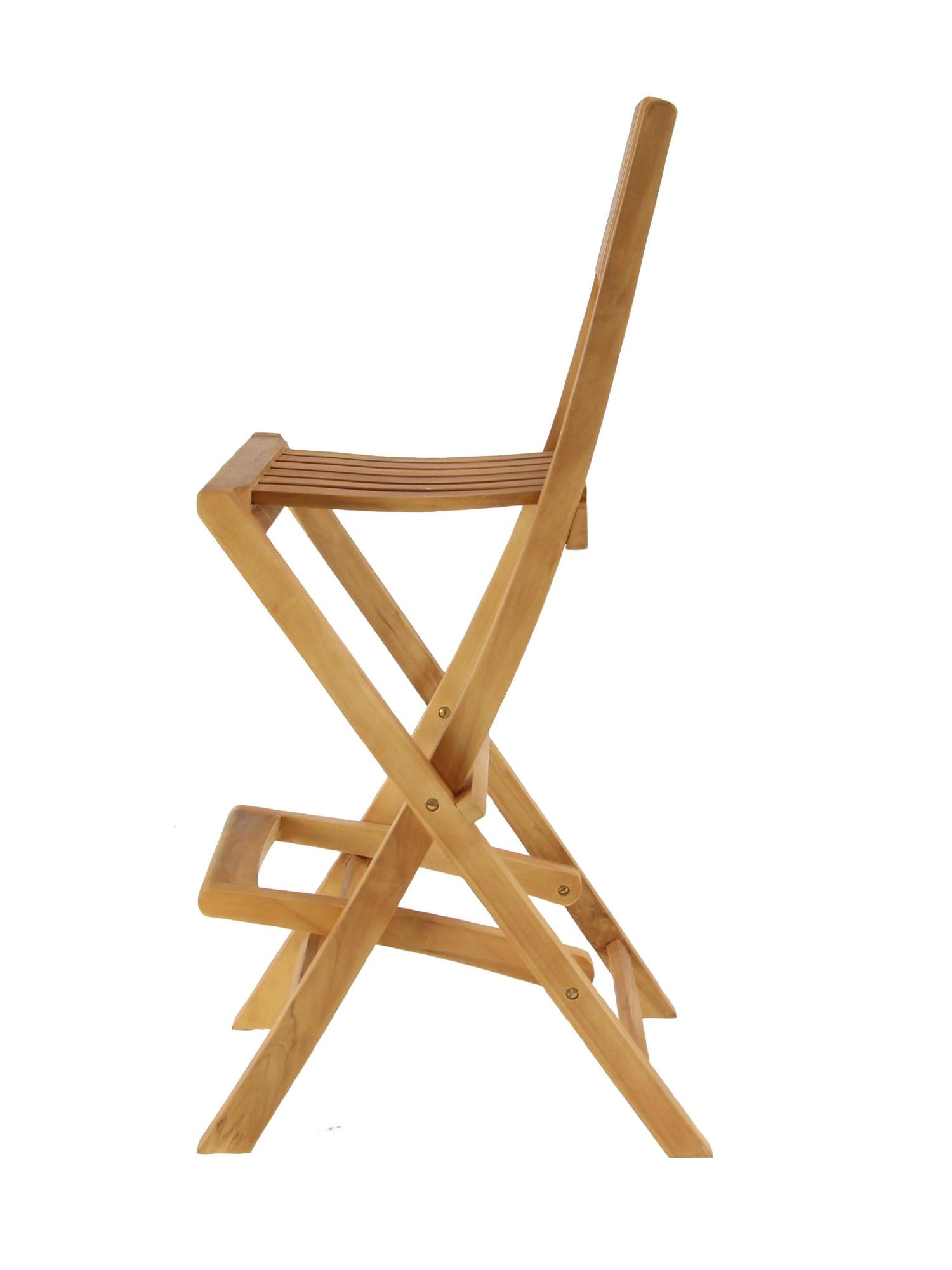 Set of 2 Brown Teak Wood Indoor Outdoor Slatted Folding Kitchen Bar Stool with Footrest