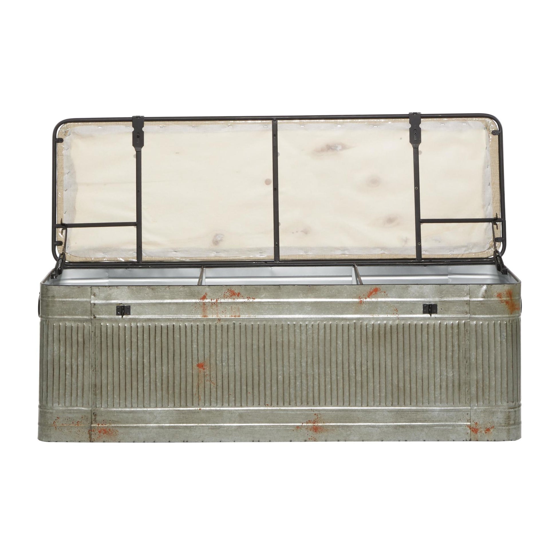 Gray Metal Galvanized Room Storage Bench with Cream Burlap Top and Black Latches