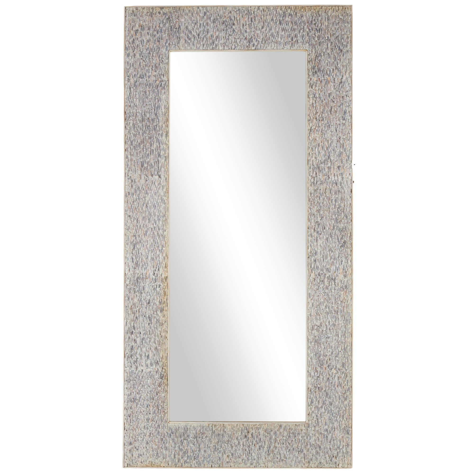 Beige Teak Wood Mosaic Room Floor Mirror with Brown Inner Frame