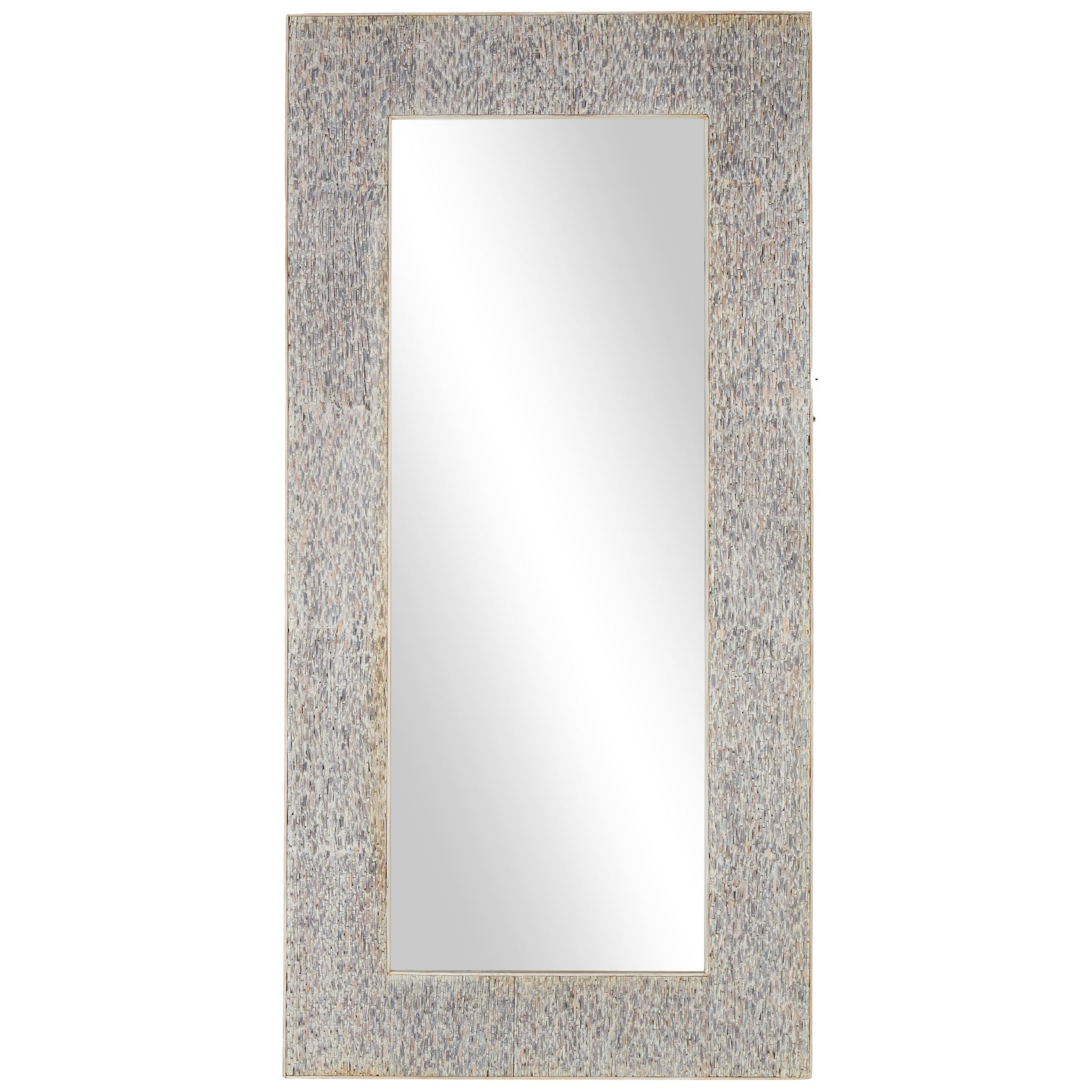 Beige Teak Wood Mosaic Room Floor Mirror with Brown Inner Frame