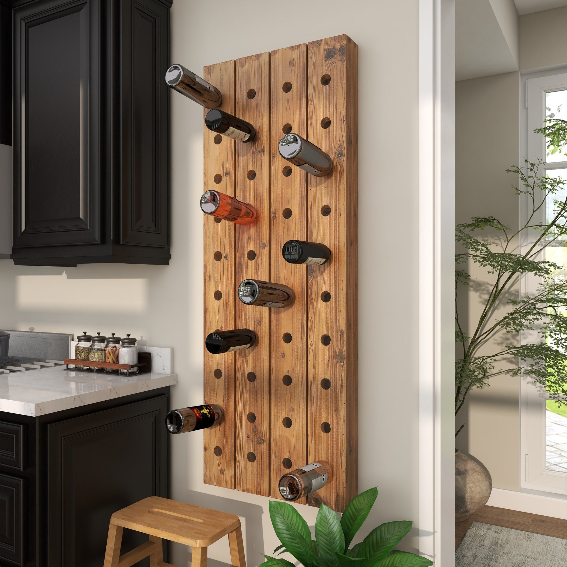 Brown Wood Tall 40 Hole Display Wall Wine Rack