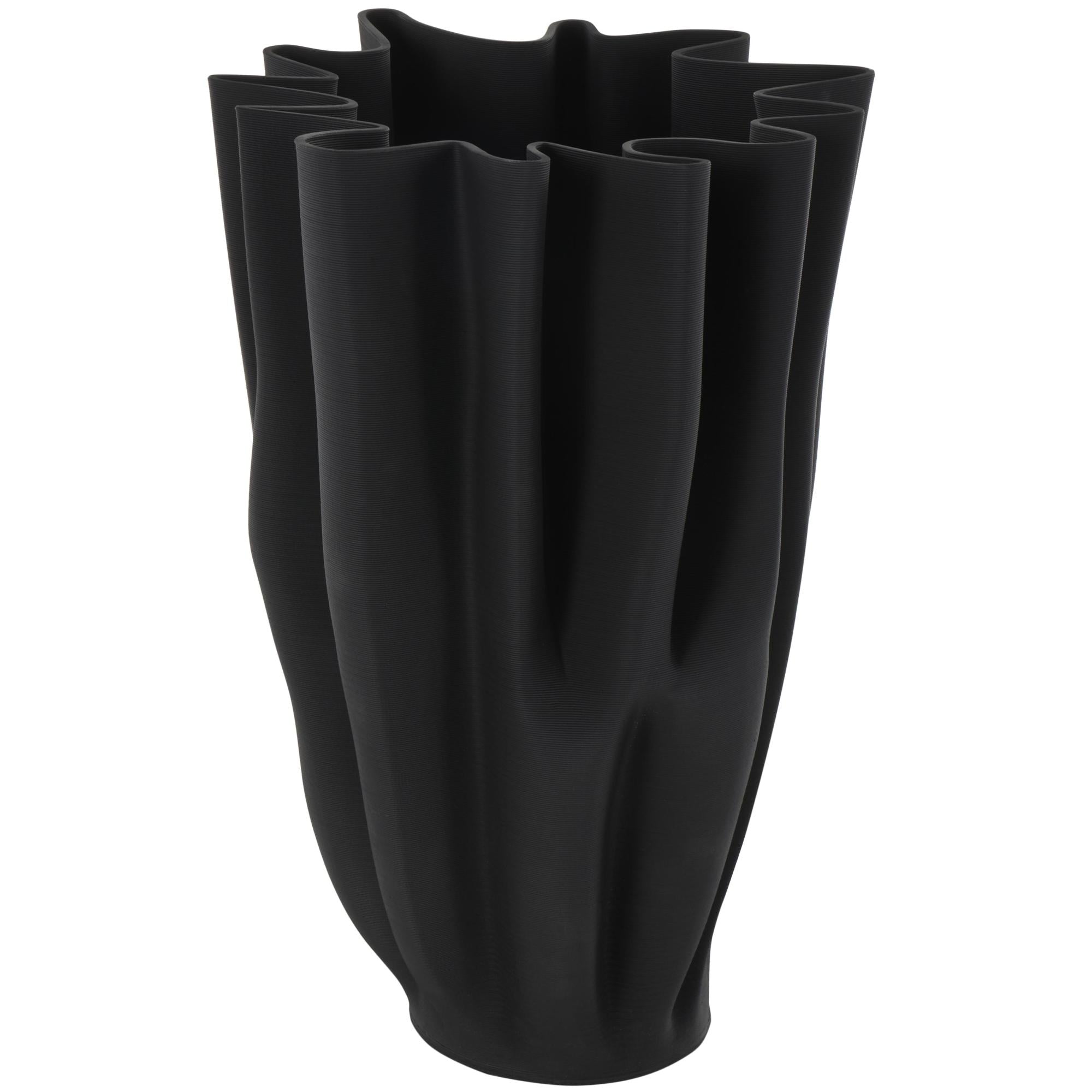 Abstract Black Ceramic Dimensional Ribbed Tulip Decorative Vase with Angular Rim