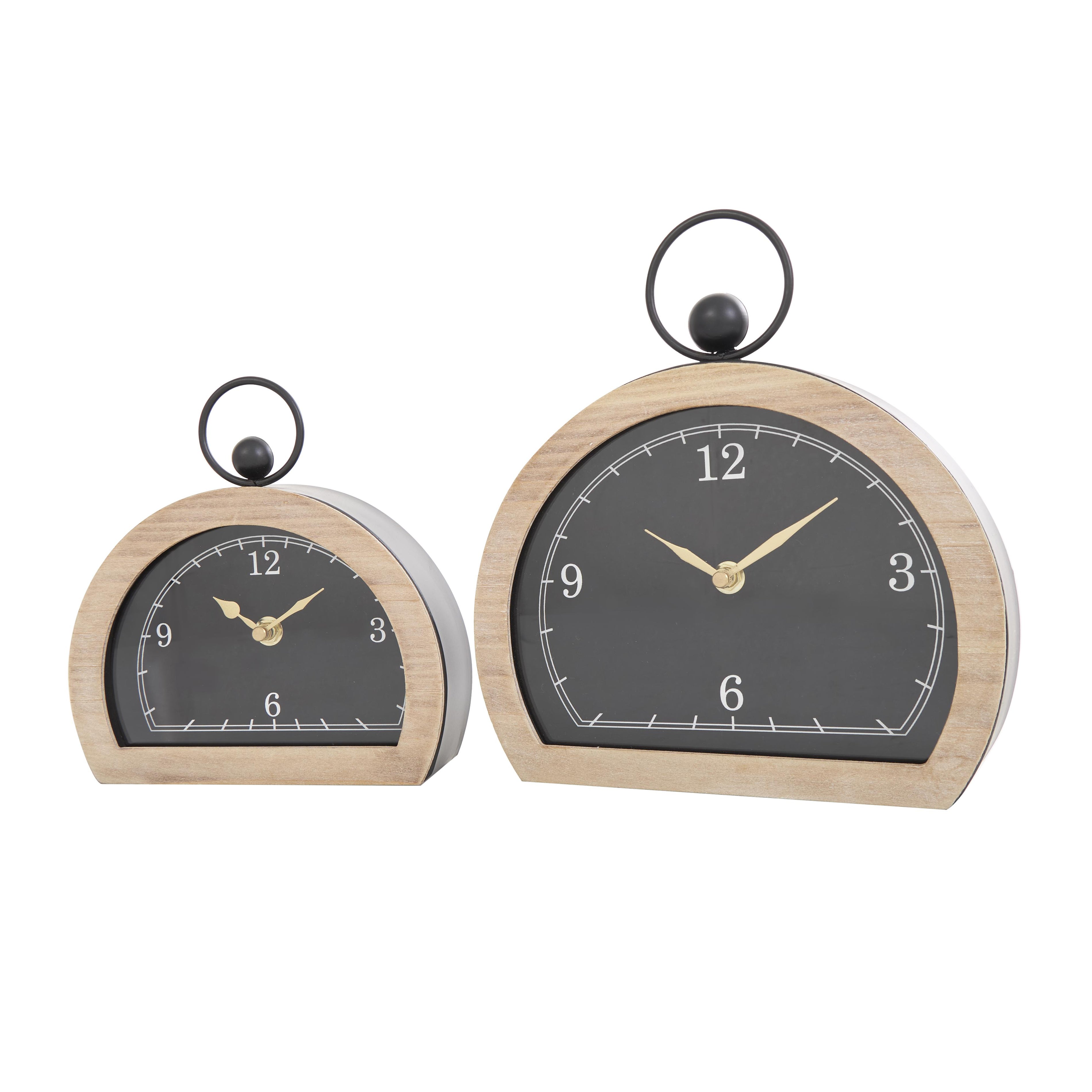 Set of 2 Wooden Semicircle Decorative Clock with Brown Wooden Frame and Ring Handle