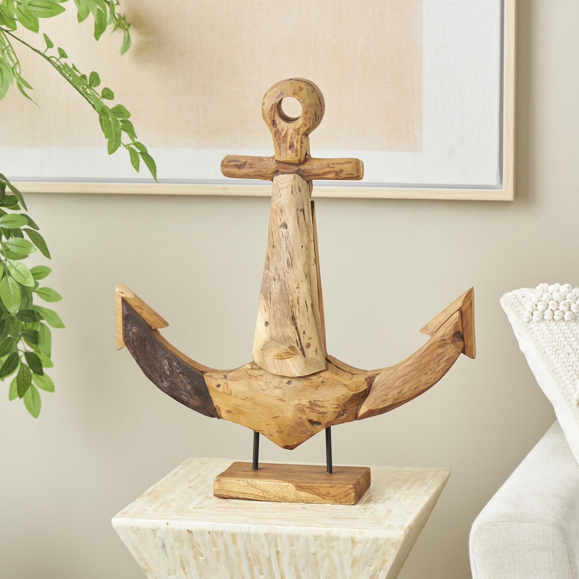 Anchor Brown Teak Wood Handmade Decorative Sculpture with Mosaic Live Edge Pieces