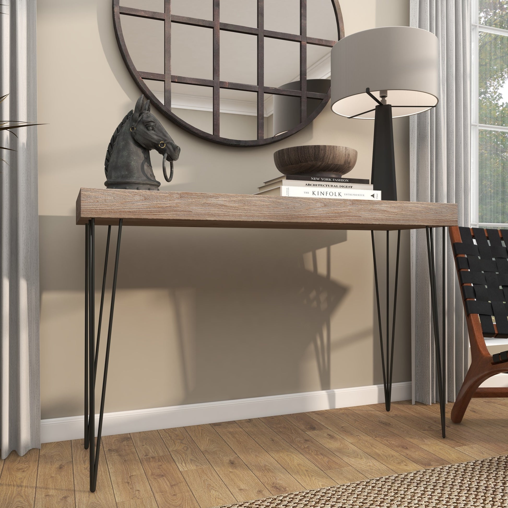Brown Wood Rectangular Living Room Console Table with Black Metal Hairpin Legs