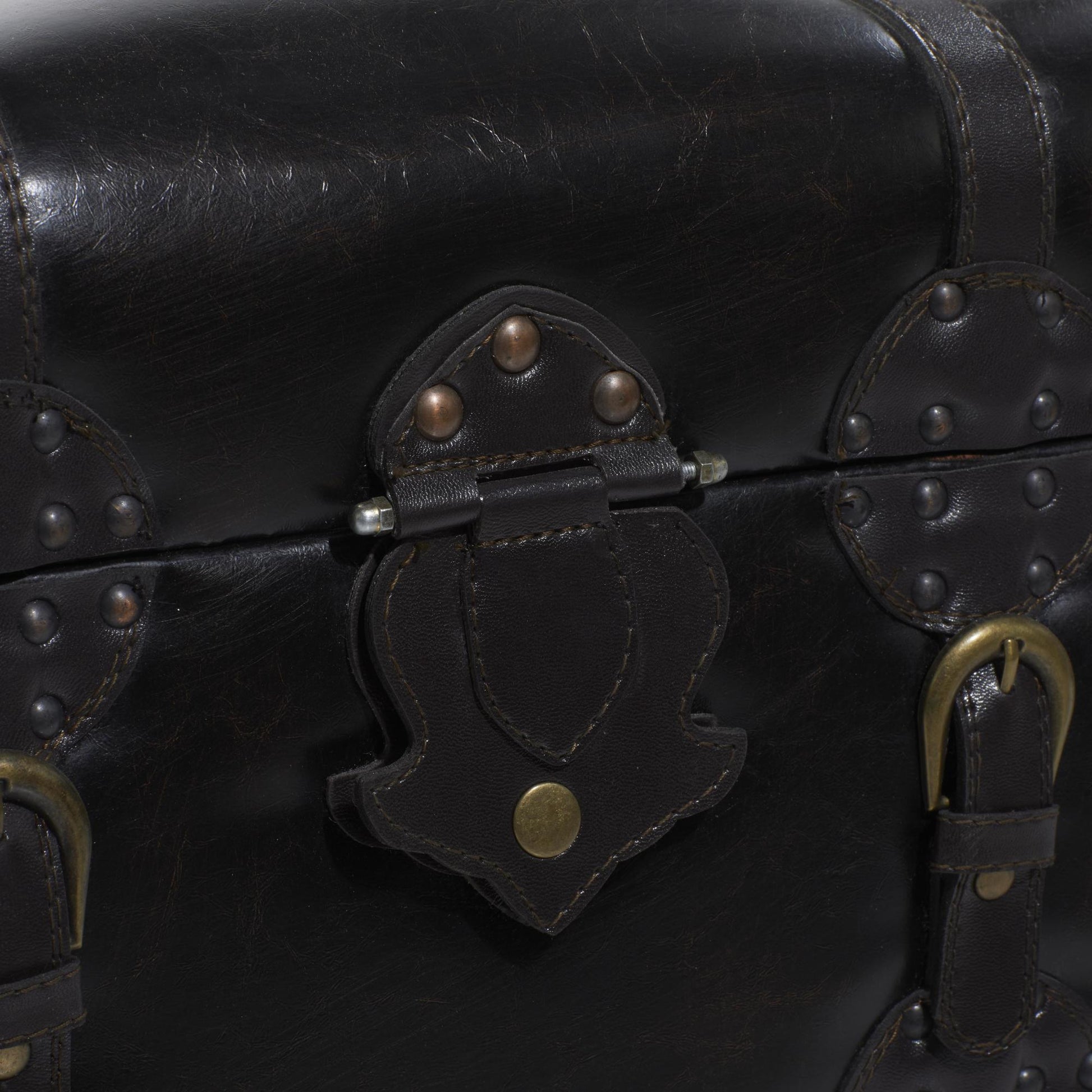 Set of 3 Brown Faux Leather Vintage Room Storage Bench with Faux Leather Buckle Straps and Stud Details