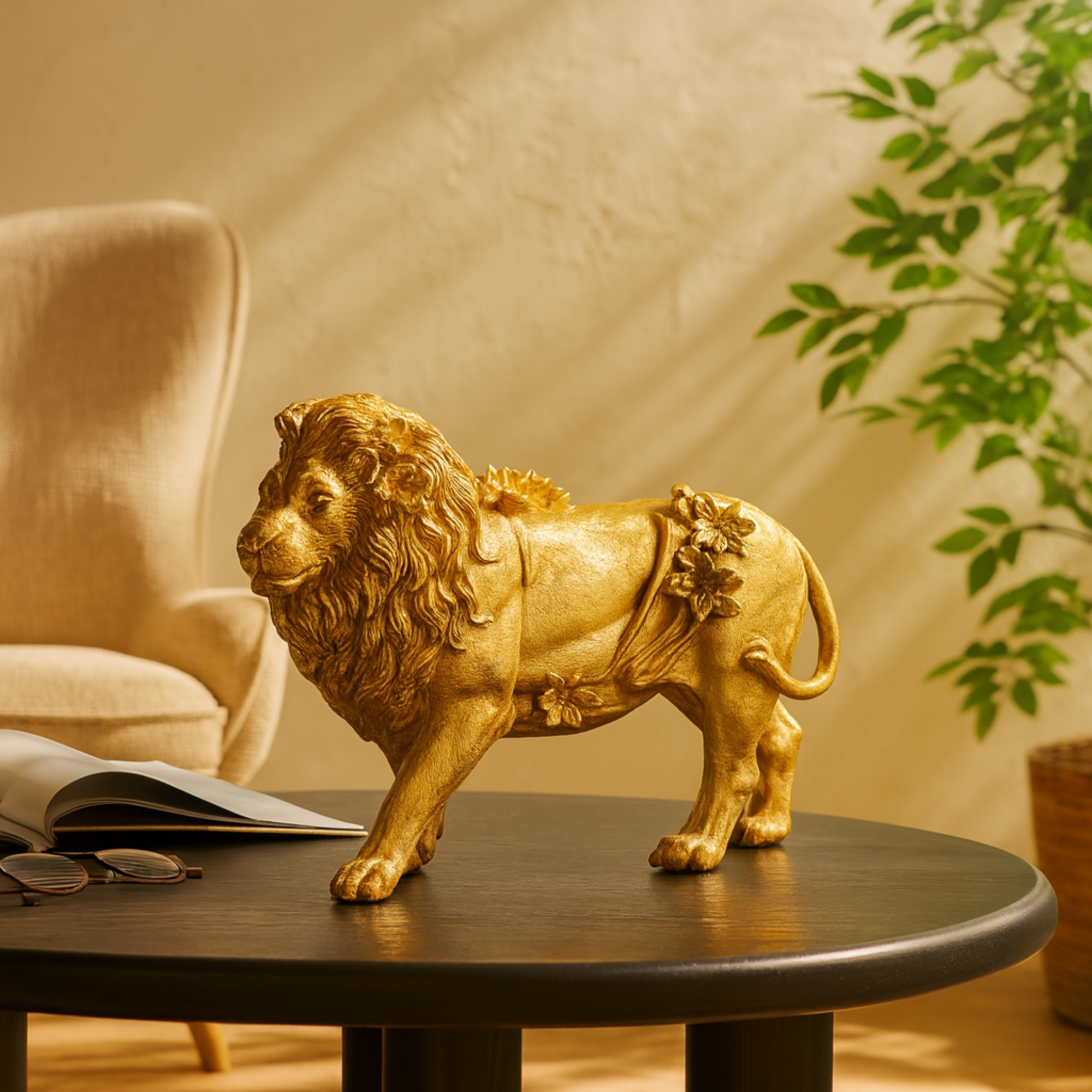 Lion Gold Resin Walking Decorative Sculpture with Floral Accents