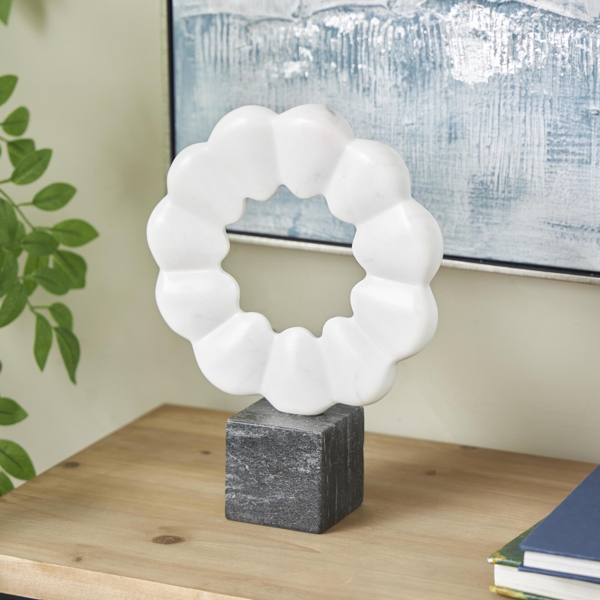 Geometric White Marble Floral Inspired Ring Decorative Sculpture with Black Block Base