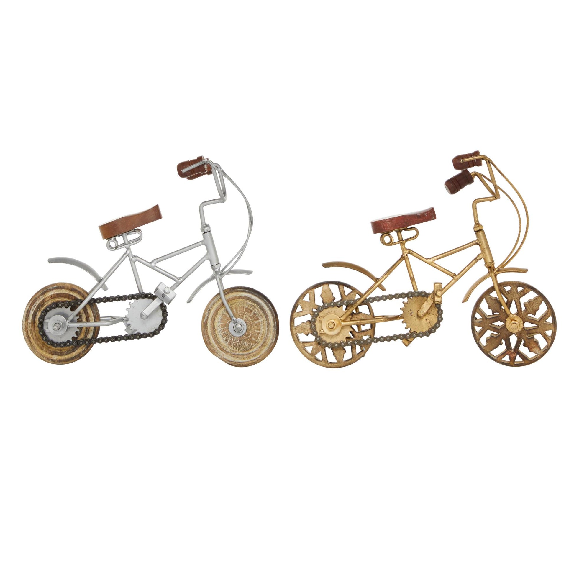 Set of 2 Bike Multi Colored Metal Decorative Sculpture with Wood Wheels