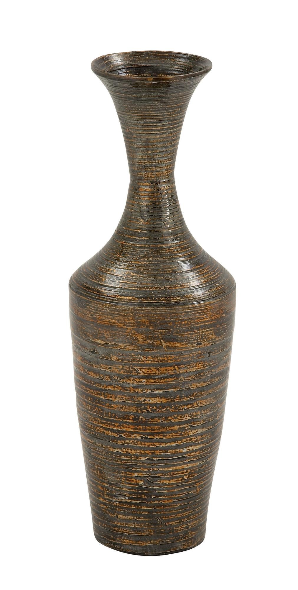 Dark Brown Bamboo Wood Tall Floor Decorative Vase with Lacquer